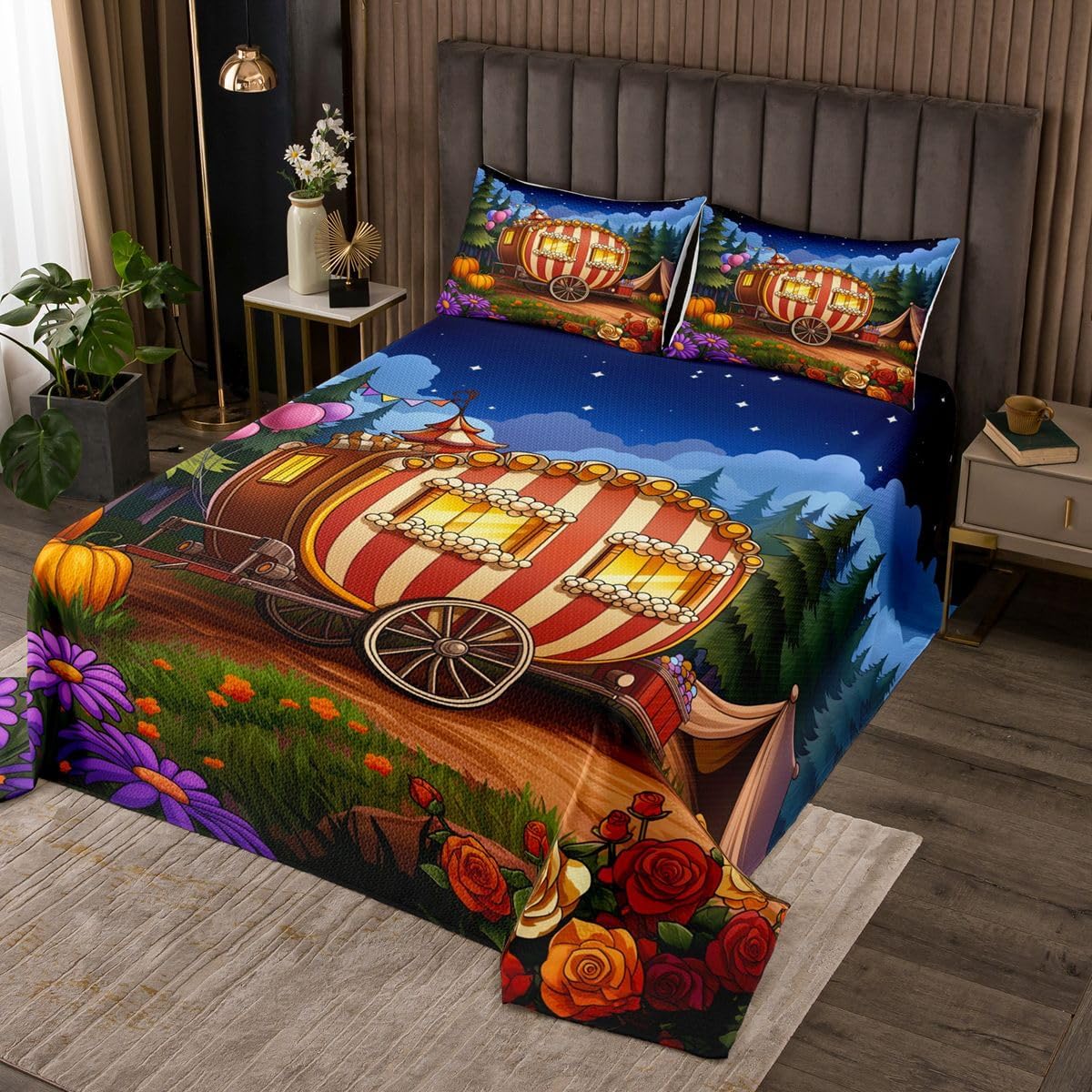 Erosebridal Cute Camping Car Coverlet Set Queen for Girls Boys - Cartoon RV Camper Bedspread Happy Camping Adventure Theme Quilt Set for Kids Adults,Kawaii Campfire Tent Bedding Quilted