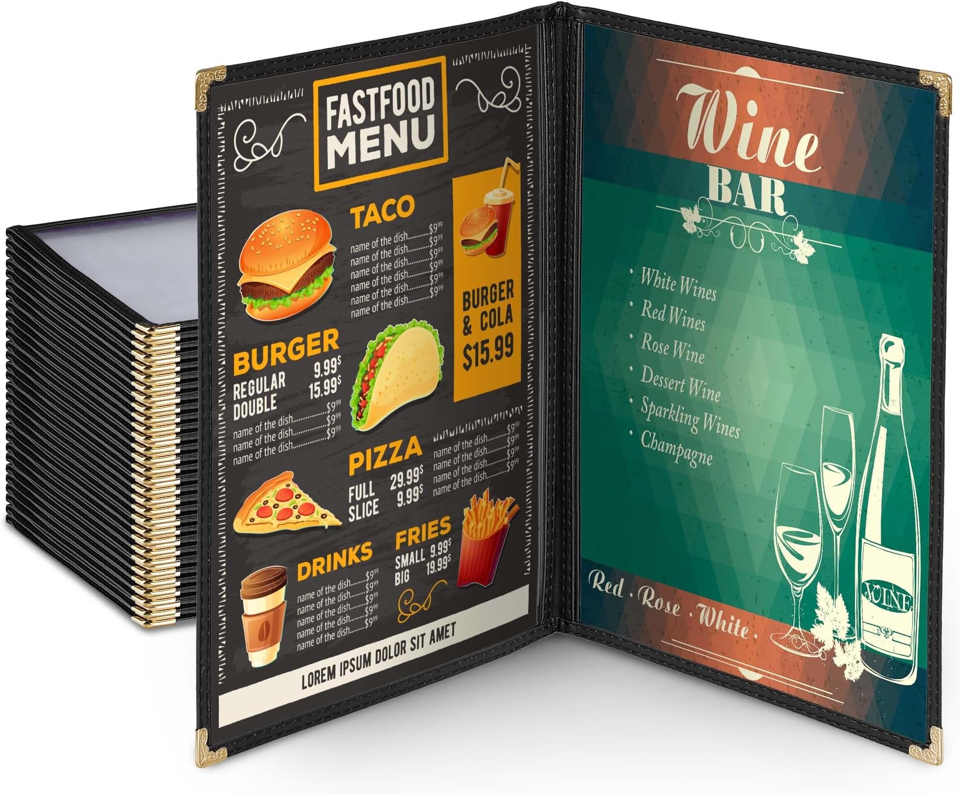 WeChef 30 Pack 8.5" x 14" Restaurant Menu Covers Double Fold 2 Pages 4 Views PVC Transparent Restaurant Menu Holder Book Cafe Hotel Bar Black