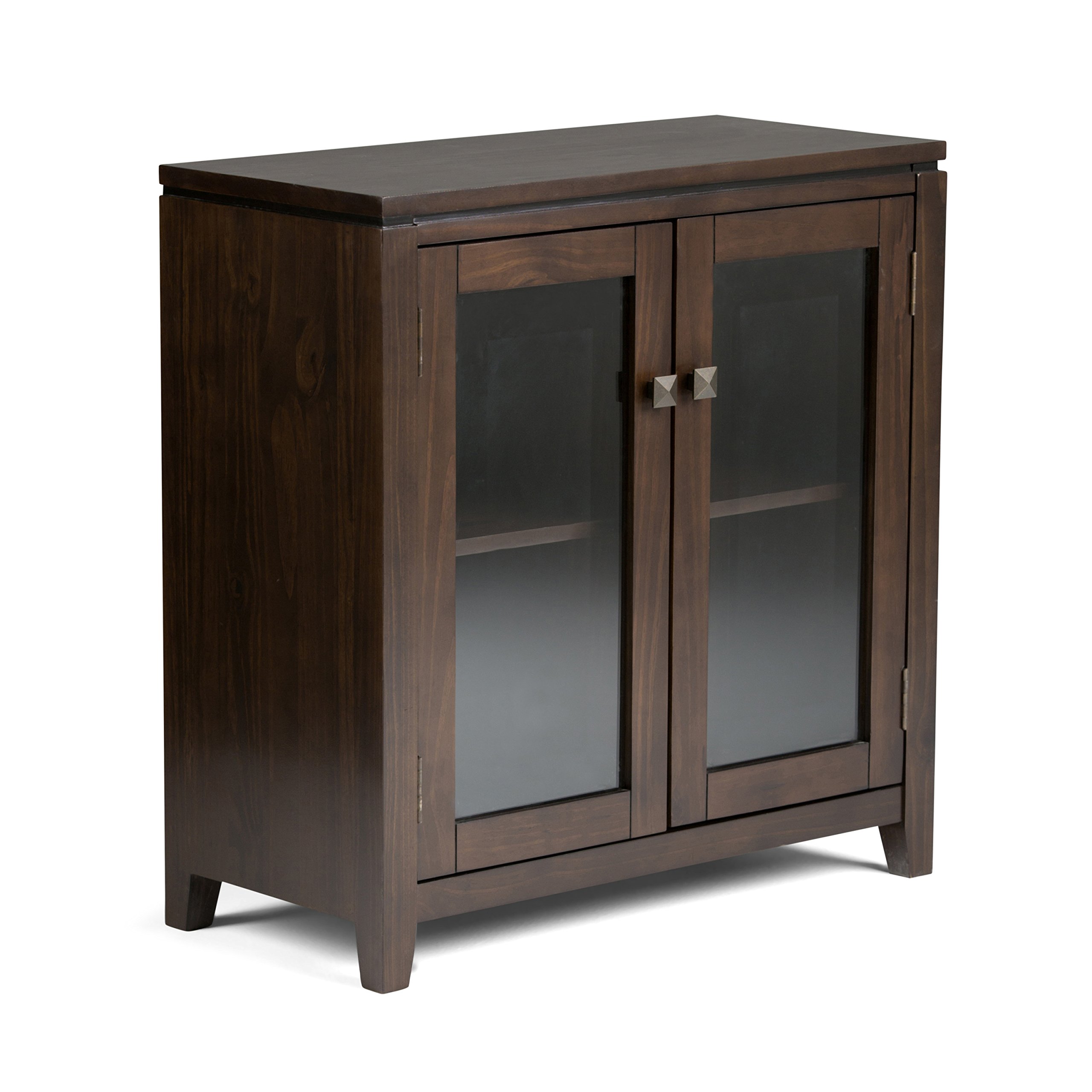 SIMPLIHOME Cosmopolitan SOLID WOOD 30 inch Wide Contemporary Low Storage Cabinet in Mahogany Brown, with 2 Tempered Glass Doors, 2 Adjustable Shelves