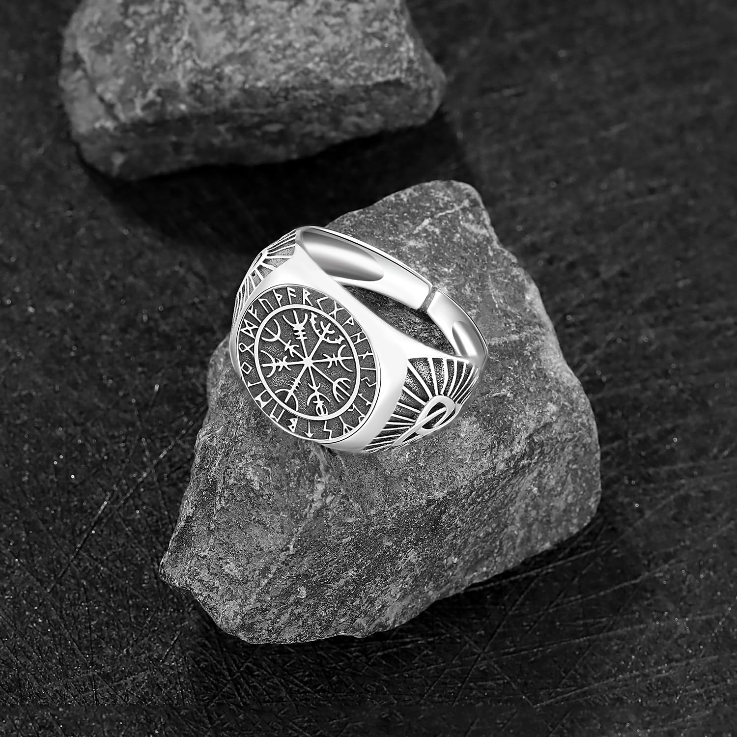 Anillo para Hombre Plata de ley 925 Anillo Runas Vikinga Brújula Vegvisir Anillo Nórdico Joyería de Protección para Hombre Mujer