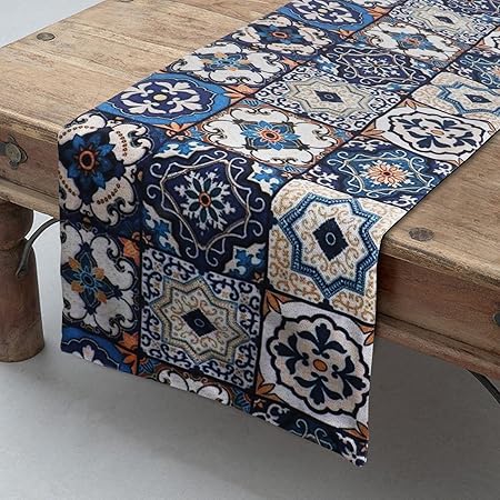 HOKIPO Poly Cotton HD Printed Washable Runner for Dining Table 6 Seater, 13X72 Inches, Oriental Moroccan (IN-309-D10)
