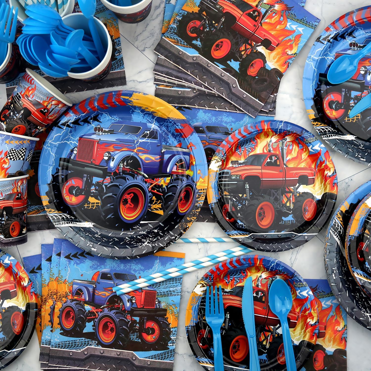 KEFAN Monster Truck Birthday Party Supplies, Monster Truck Party Decorations Set including Backdrop, Plates, Cups, Napkins, Tablecloth, Balloons for Children birthday Party (Background)