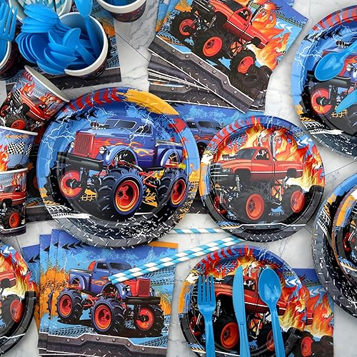 Miniatura 5 de KEFAN Suministros para fiesta de cumpleaños de Monster Truck, juego de decoraciones de fiesta de camión monstruo que incluye telón de fondo, platos,