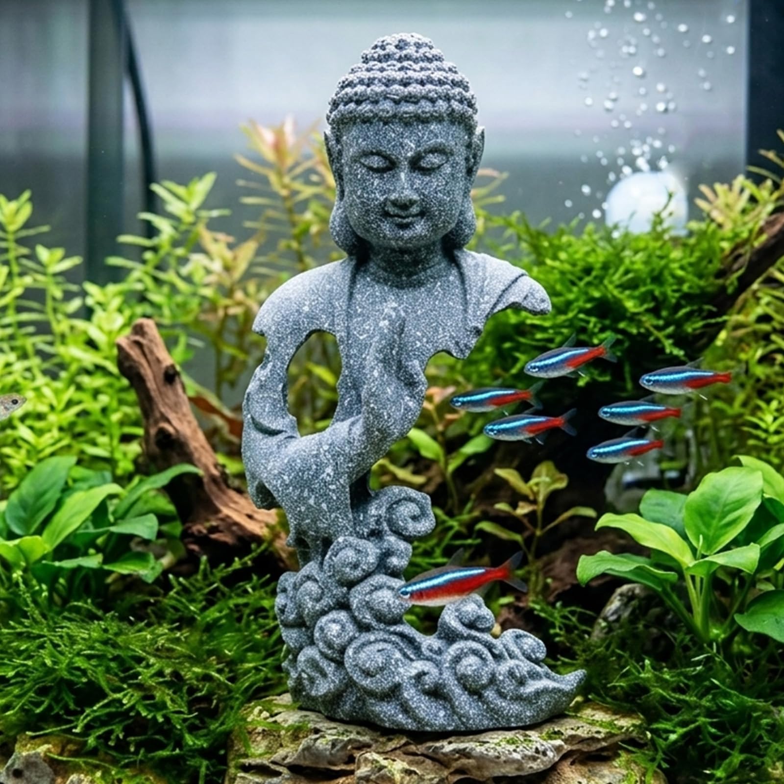 Shopster Buddha Statue Aquarium Decoration, Meditating Buddha Fish Tank Decor with Cloud Base, Zen Resin Ornament for Aquascape & Home, Grey, 16cm-picture-11