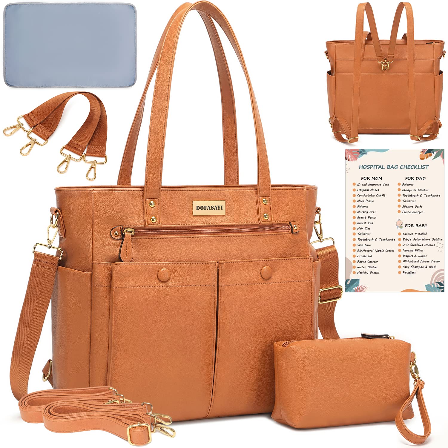 DOFASAYI Leather Backpack - Tote for Mom and Dad, Diaper Bag with Cosmetic Bag, Changing Pad, Messenger Strap, Stroller Hook, Mud Brown Faux Leather Matte Mud Brown