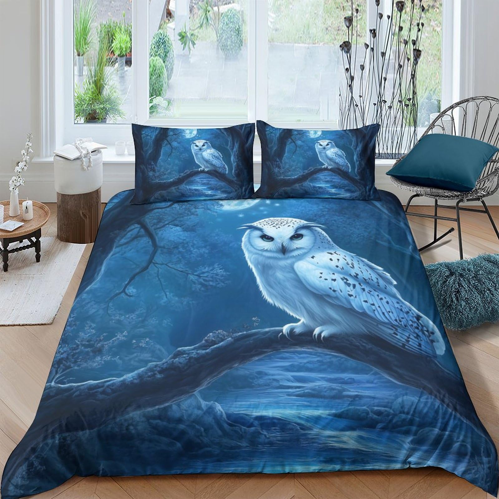 Ctjqhvkz Style-5 3D Printed Night Forest Owl Fitted Sheet Microfiber Soft Blue Bedroom Decor Star Moon Mattress Cover Single（135X200cm）