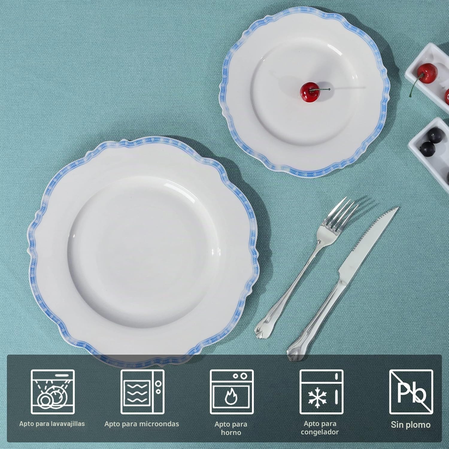 fanquare Juego de 4 Platos de Porcelana con Borde Estrella Azul, 27,5 cm Platos Llanos Redondos Vajilla Grande de Casa Gastronomía | Platos curvados para comidas diarias, fiestas, banquetes, microondas