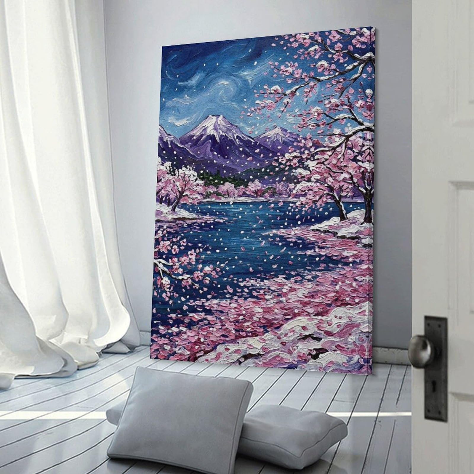 Junmoney Wall Art Print Cherry Blossoms And Snowy Mountains Painting, 16x24inch(40x60cm), for Hallway, Bedroom Or Modern Interiors, Thoughtful Wall Decor for Art Lovers
