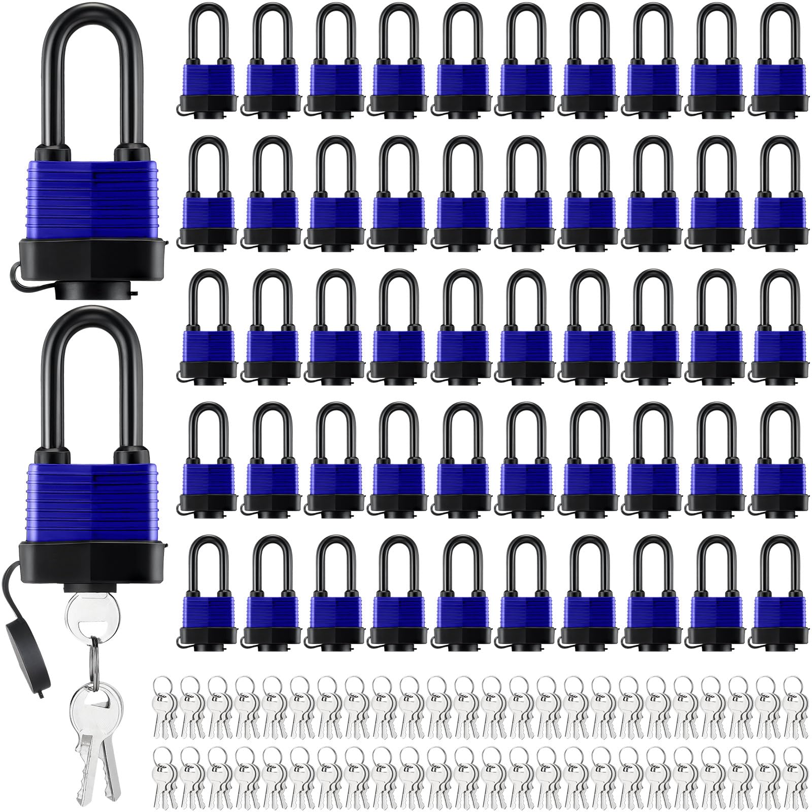 Hicarer Wasserdichte Vorhängeschlösser, gleichschließend, breit, lang, wetterfest, mit Schlüsseln, 4,8 cm, Outdoor-Vorhängeschlösser für Haus, Garten, Garage, Torsicherheit, Blau, 50 Stück