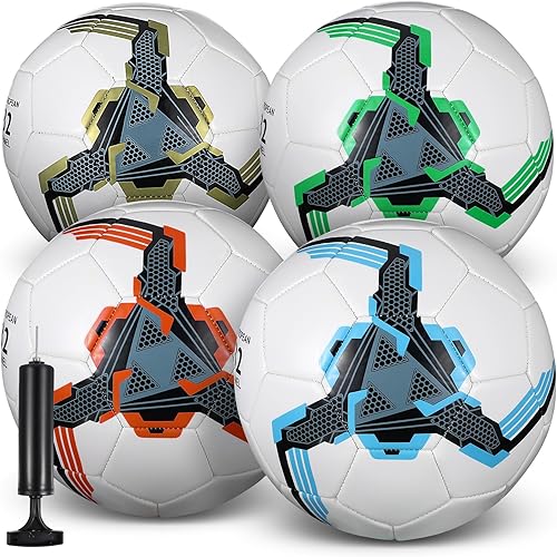 Tradder Paquete de 4 pelotas de fútbol con bomba desinfladas a granel para juegos de interiores y exteriores, práctica, entrenamiento, regalo