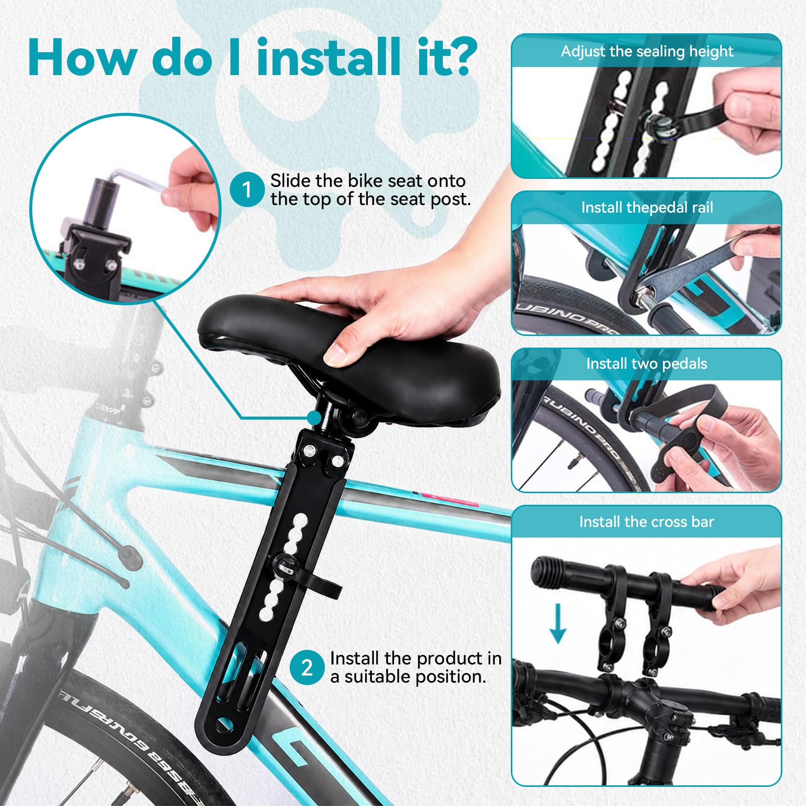 Avant Selle Velo Enfant, Siege Velo Enfant Avant | Siège vélo enfant 2–6 ans, siège PU, support aluminium, poignée de maintien, repose-pieds, pour la plupart des VTT