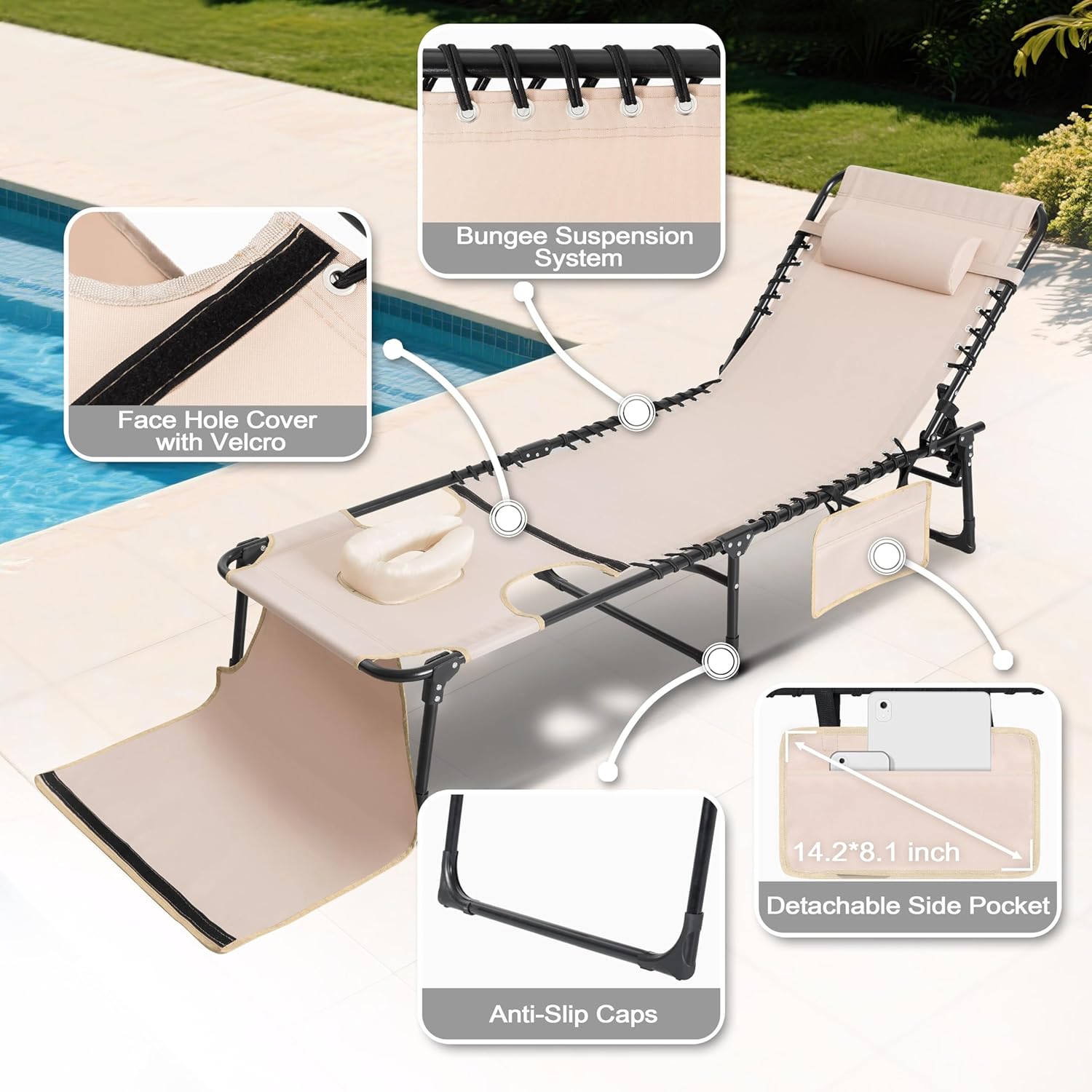 NUU GARDEN Outdoor Foldable Chaise Lounge Chairs - Tanning Chair with Face Hole & Pillow 5-Position Reclining Oxford Fabric - Portable for Beach, Poolside, Patio Camping (Khaki)
