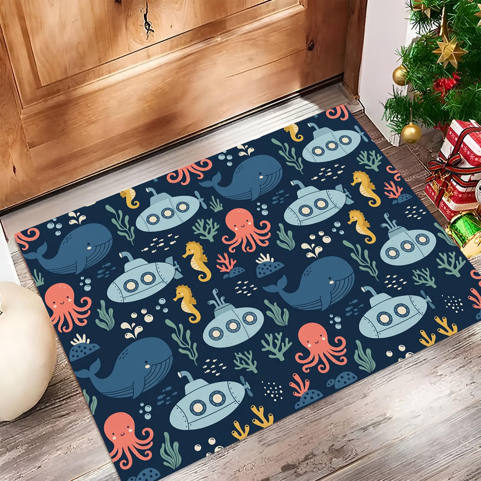 Felpudo de Entrada 60x120cm, Alfombra Vida Marina Atrapapolvo Alfombra Ballena Antideslizante Lavable, Alfombrilla con Microfibras Suaves Absorbentes para Puerta, Pasillo, Azul Marino