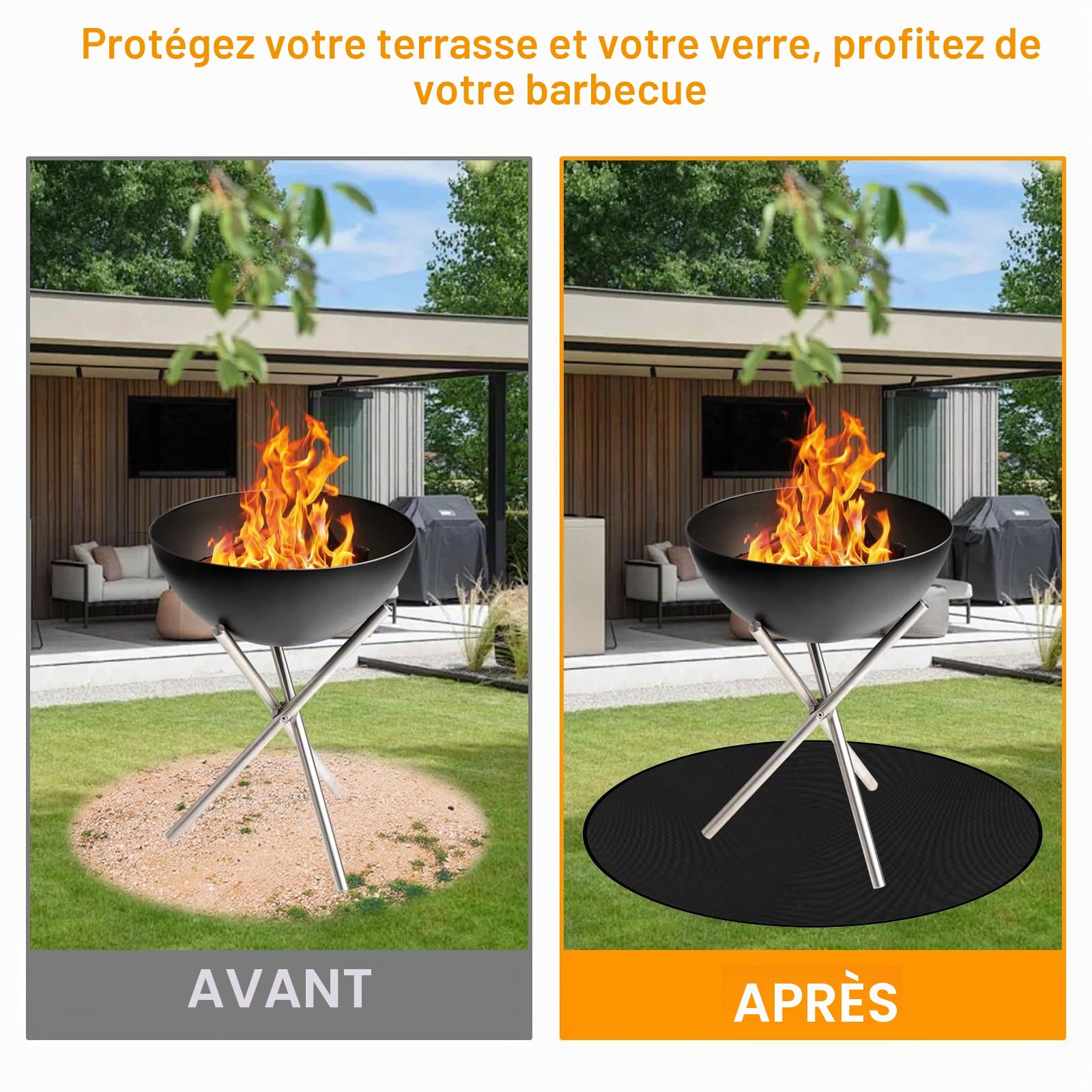 Tapis de Brasero Rond, 97cm Tapis Barbecue Sol Exterieur, Tapis Ignifuge pour Brasero Exterieur Tapis Anti Feu, Résistant à La Chaleur Réutilisable pour Cheminée, Sol, BBQ et Braséros