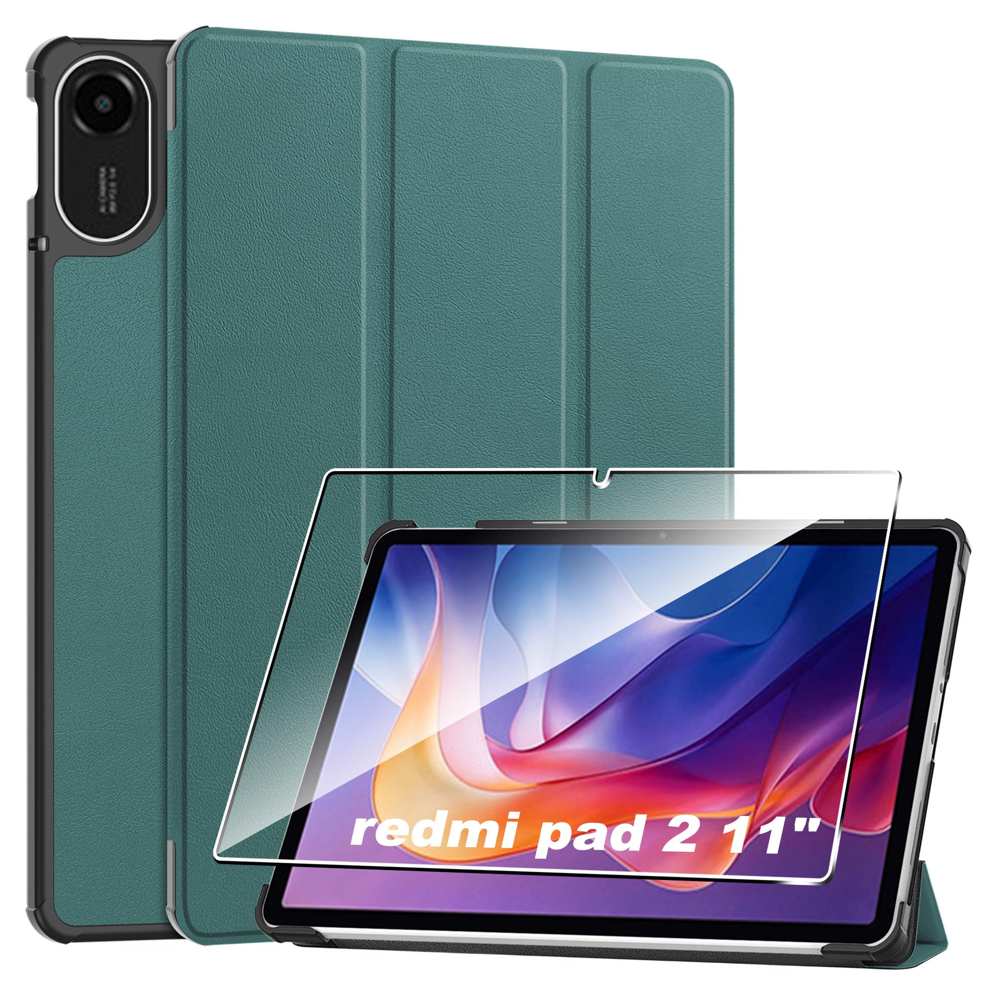 Heioloo Hülle für Redmi pad 2 11" Schutzhülle mit Auto Schlaf/Wach, mit [1 Stück] Panzerfolie Schutzfolie, [PU Leder][Standfunktion] [Anti-Kratzen] Grün