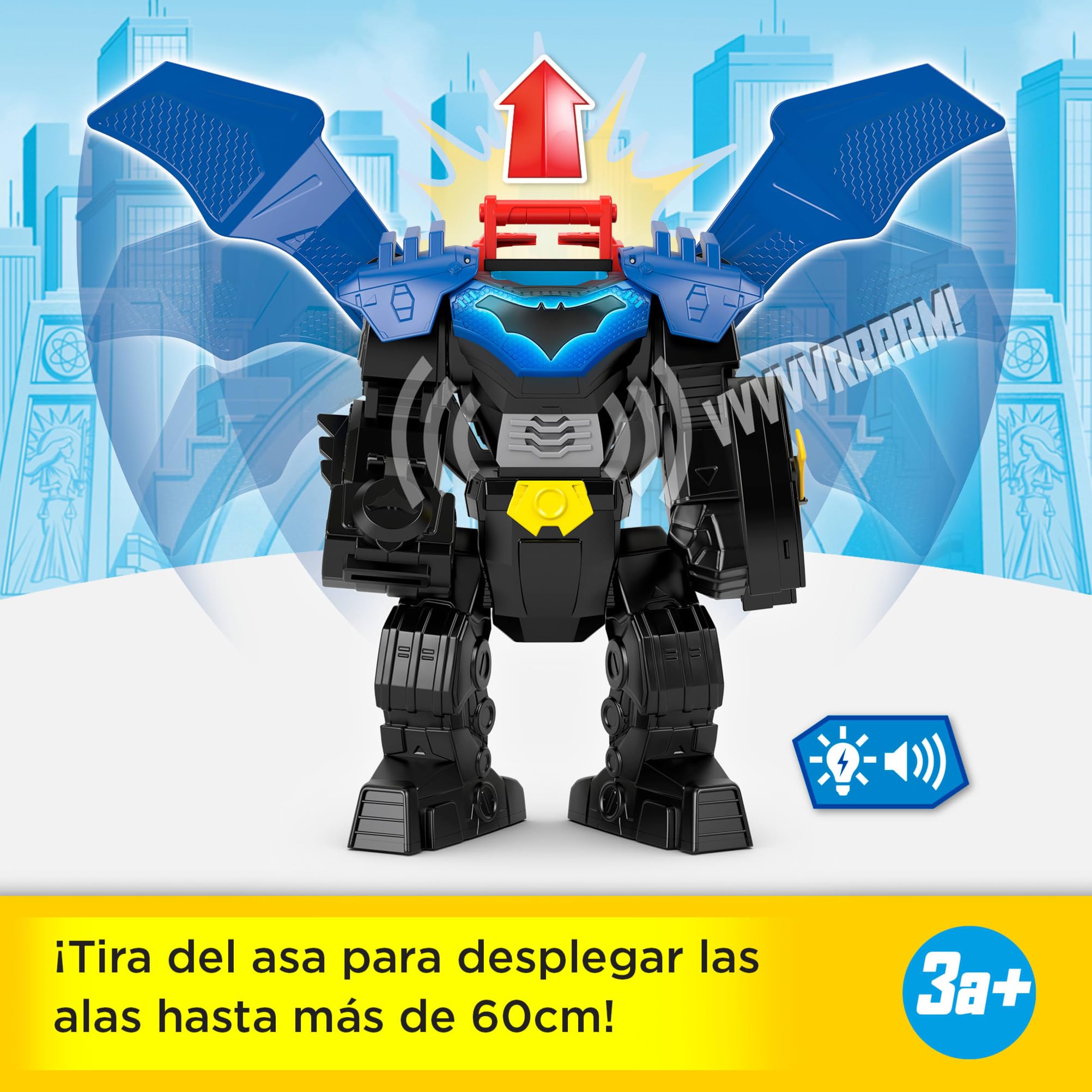 Fisher-Price Imaginext DC Super Friends Batman Traje mecánico volador de 36,83cm con luces, sonidos y movimiento, figura de acción de 7,6cm y accesorios de lanzador y discos, JDL03