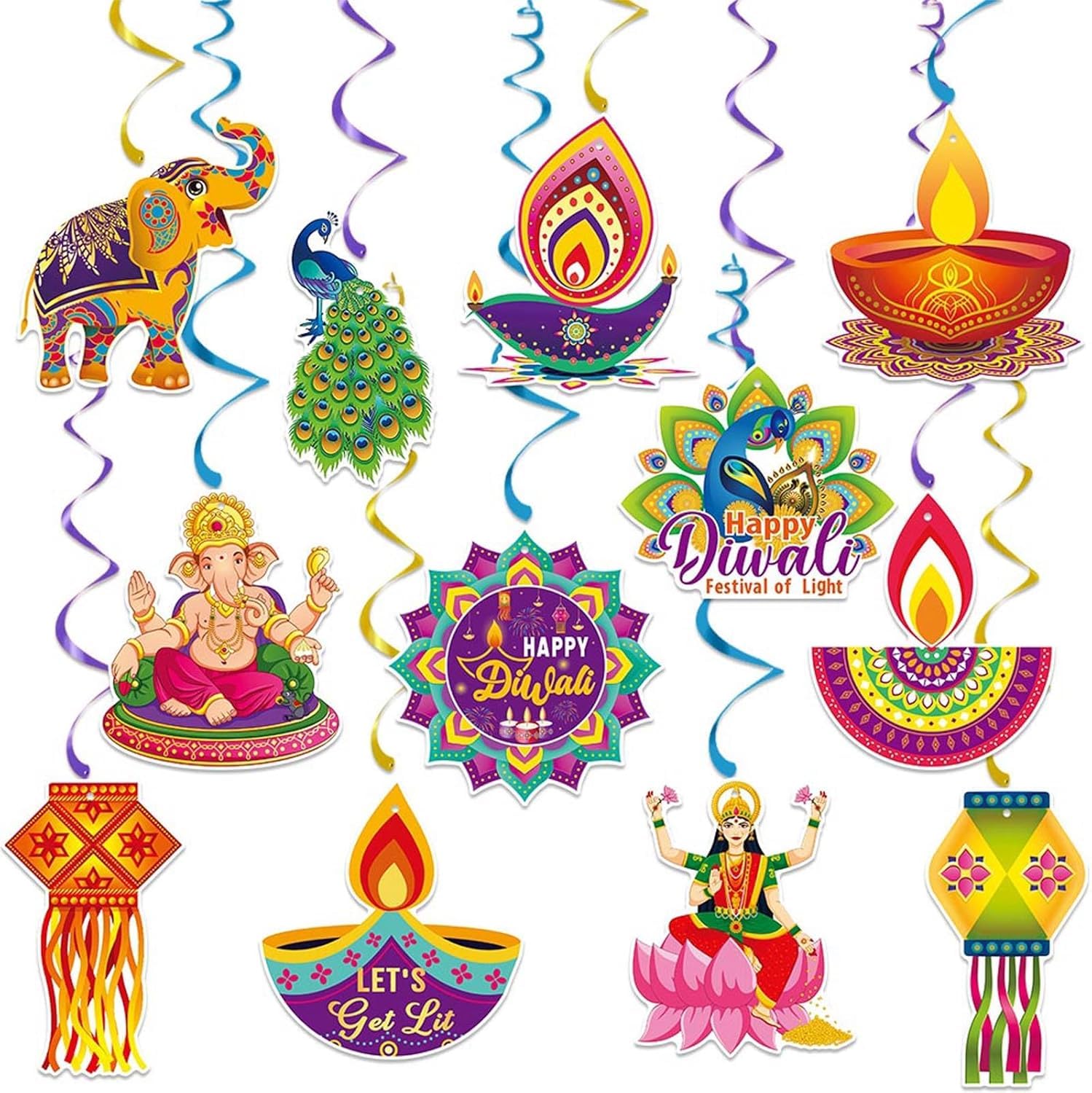 Athem Multicolor Happy Diwali Decorations - 24 Pcs Deepavali Festival Of Lights Party Decorations For House Ceiling Spiral Streamers Diwali Foil Swirls Ornament