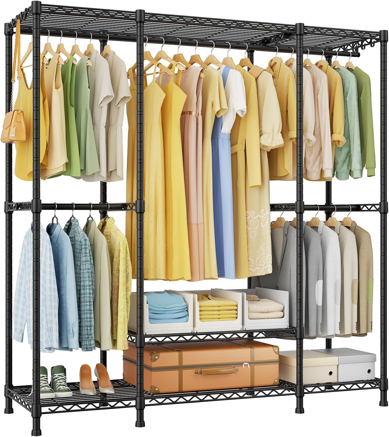 Ulif E3 Heavy Duty Garment Rack, 4 Tiers Freestanding Closet Organizer System with 5 Shelves, Metal Closet Organizer and Storage System for Clothes, Max Load 850lbs, 58.4"W x 15.7"D x 77.3"H, Black