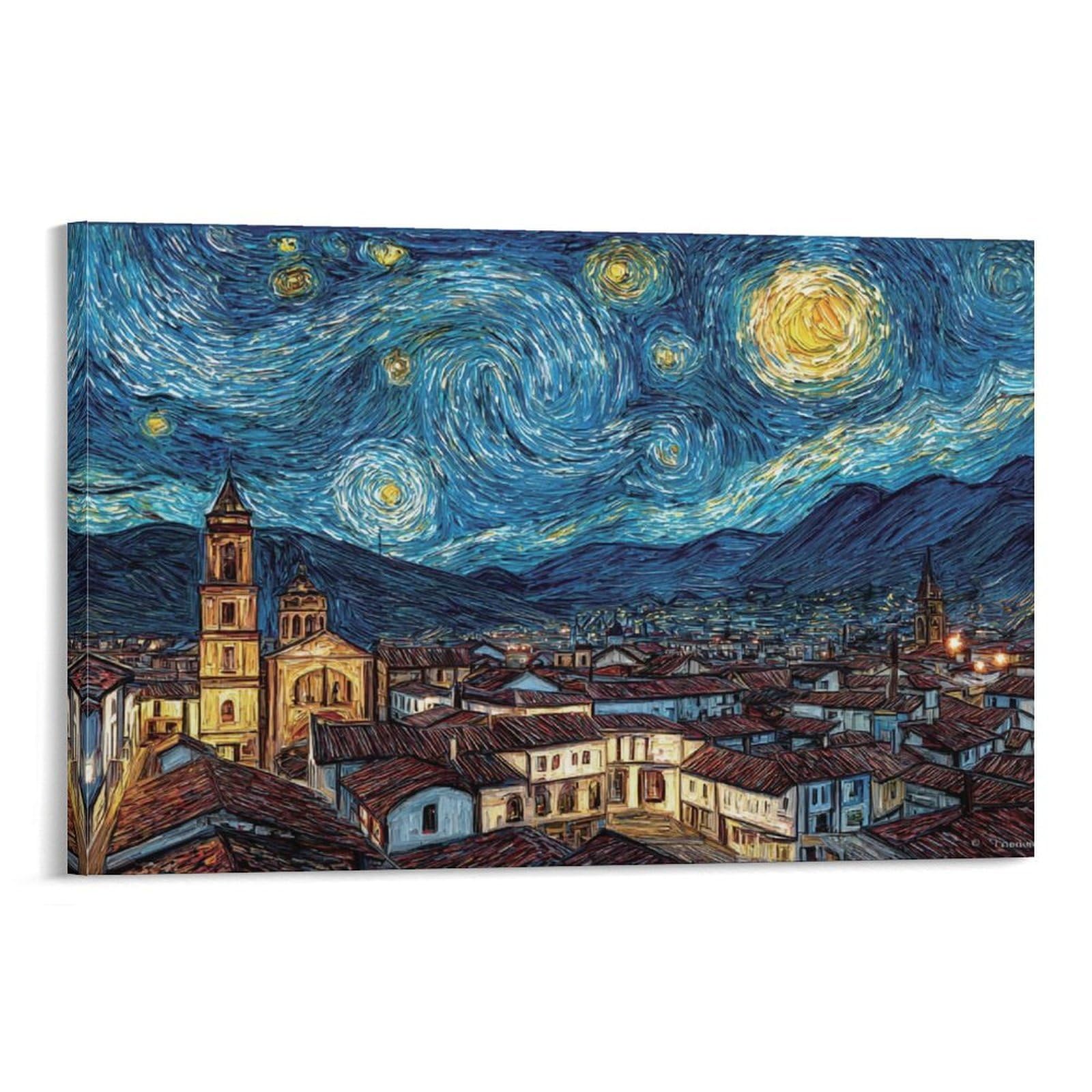 CPLVKWRQJ Starry Night Town Single Piece Town Buildings Under Swirling Starry Sky Canvas Wall Art - Housewarming Gift Bedroom Canvas Painting Ready to Hang Decor 08x12inch(20x30cm)
