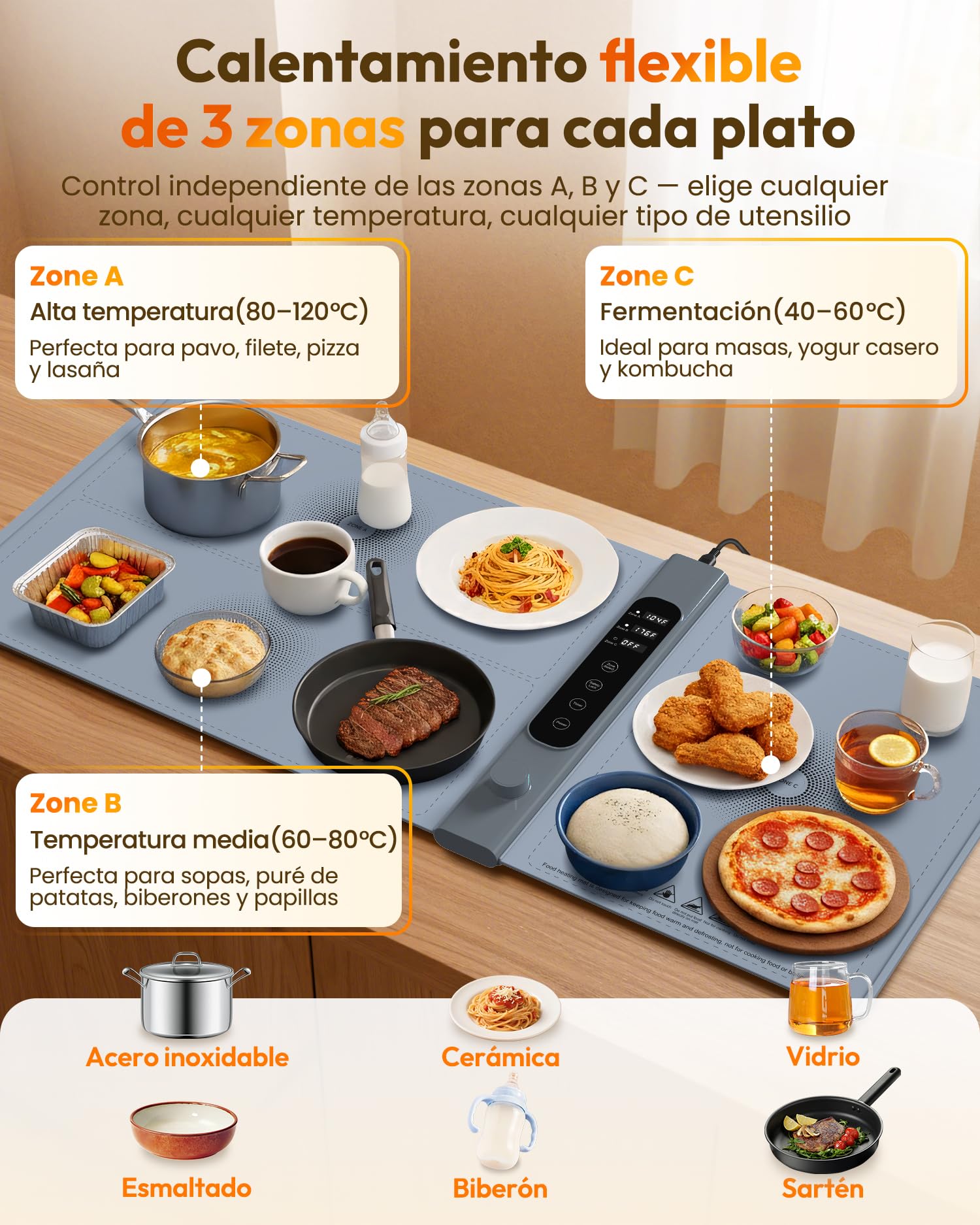 Bandeja de Calentamiento de Silicona 101×43 Cm, Bandeja Calienta Platos de 3 Zonas Independientes con 17 Temperatura de 1–6 Horas, Eléctrica Bandeja Calentadora de Comida para Buffets y Fiestas
