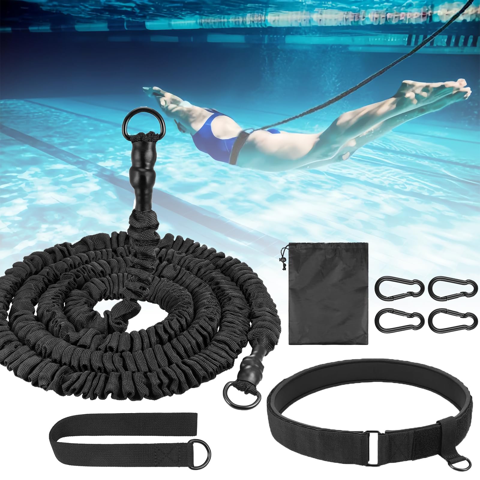 Schwimmgurt für Pool 2.5-7.5M Schwimmtrainer, Schwimmgürte mit Gurtband und Verstellbarem Gürtel, Schwimm-Übungsgürtel für Erhöht Kraft und Ausdauer