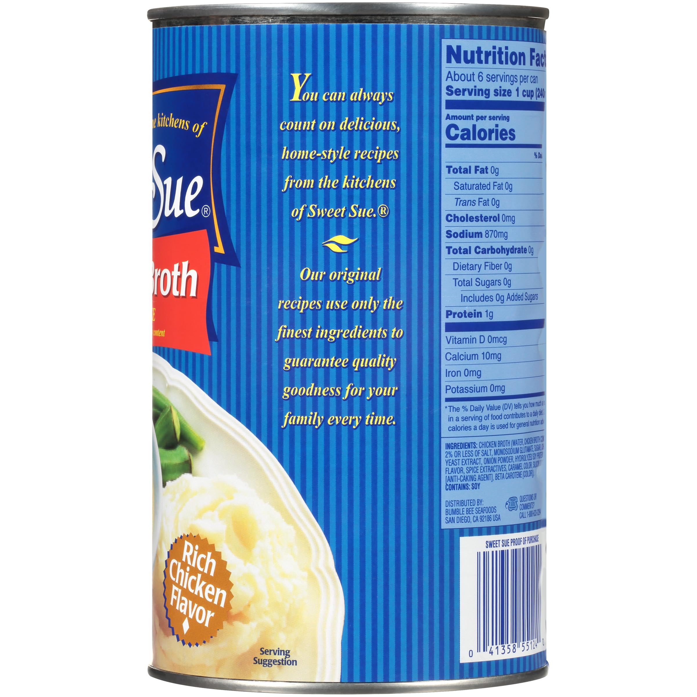 Sweet Sue Chicken Broth, 49.5 oz Club Pack Can, 99% Fat Free, Gluten Free, Keto Friendly (Pack of 1)