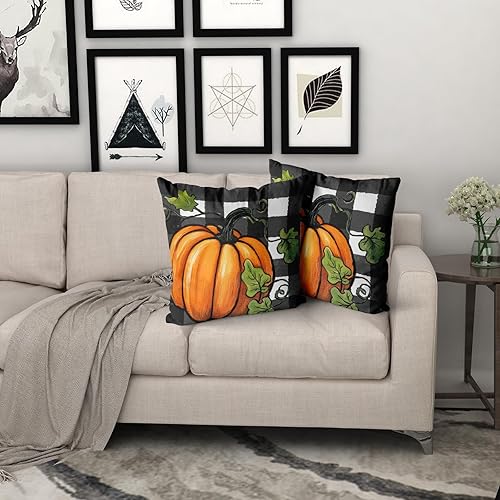 Miniatura 7 de Juego de 2 fundas de almohada de otoño de 18 x 18 pulgadas, diseño de calabaza, negro y blanco, a cuadros, decoración del hogar, cosecha de otoño,