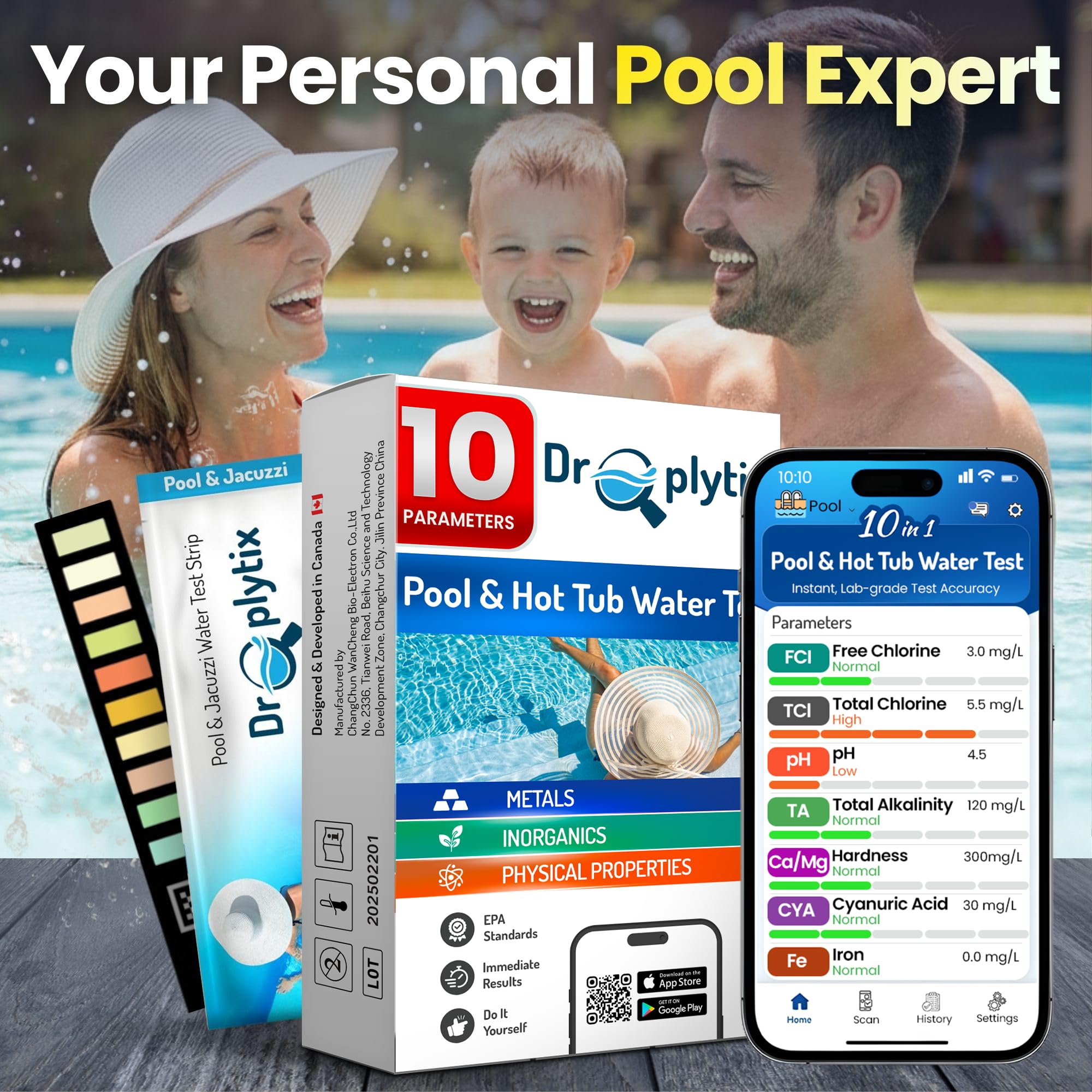 DROPLYTIX 10-in-1 Pool & Spa Water Test Kit with App, Hot Tub, Saltwater, Chlorine, Alkalinity, Hardness, pH, Nitrate, Sulfate, Digital Water Quality Testing Strips (DXPOOL-R10-S10) - image 5