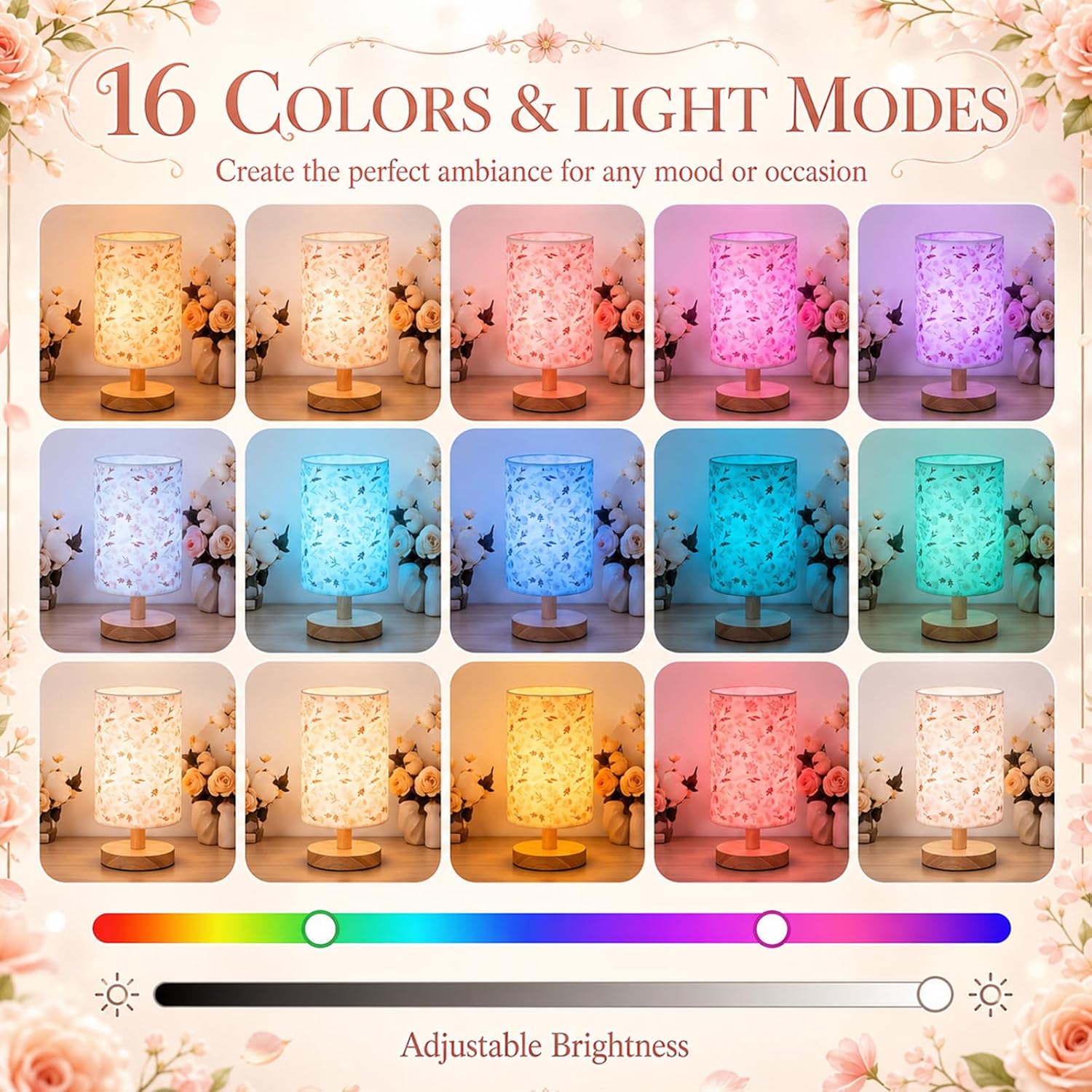 Glooglitter Wildflower Bedside Table Lamp for Bedroom, Floral Linen Shade 16 Colors Dimmable LED Night Light with Remote Control, Kids Nightstand Lamp for Girls Boys Nursery Living Room image 4