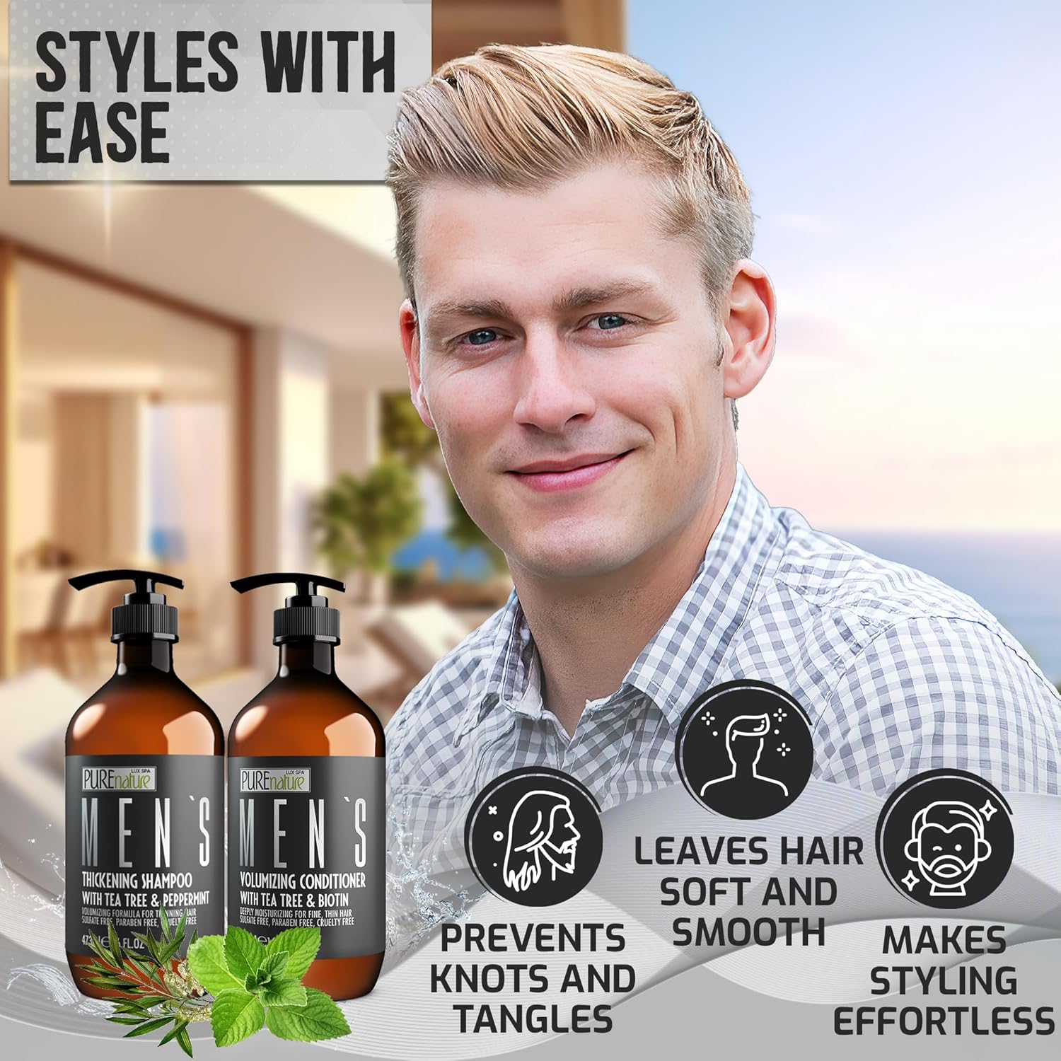 Mens Shampoo and Conditioner Set - Sulfate Free Strengthening and Thickening Formula for Fuller Hair - Helps with Thinning Hair - Formulated for Men - 16 Fl Oz (Set of 2)