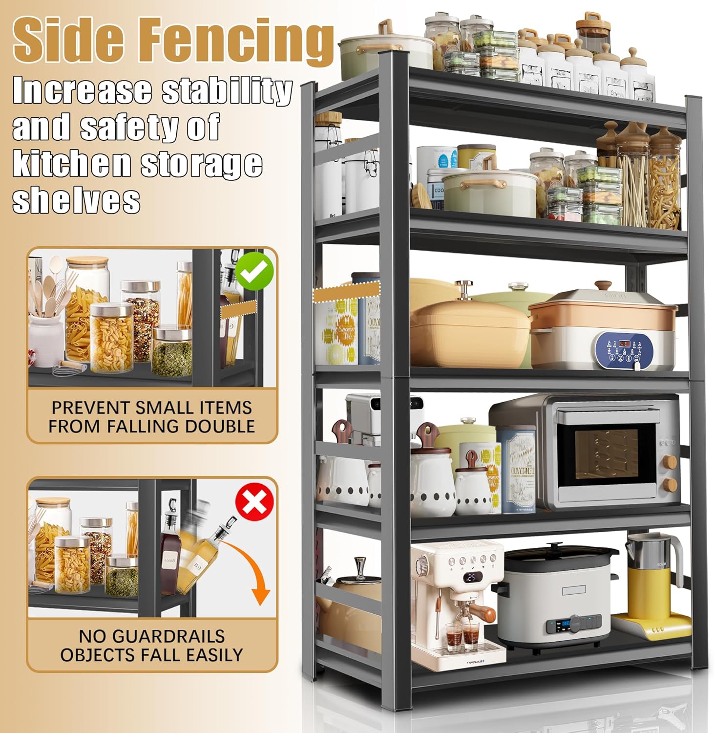 Kitchen Storage Shelves with 2000 LBS Load Capacity, Waterproof and Rustproof Metal Shelf, Adjustable Multi-Functional Kitchen Microwave Oven Shelf, 15.8''D*35.4''W*72''H, Black