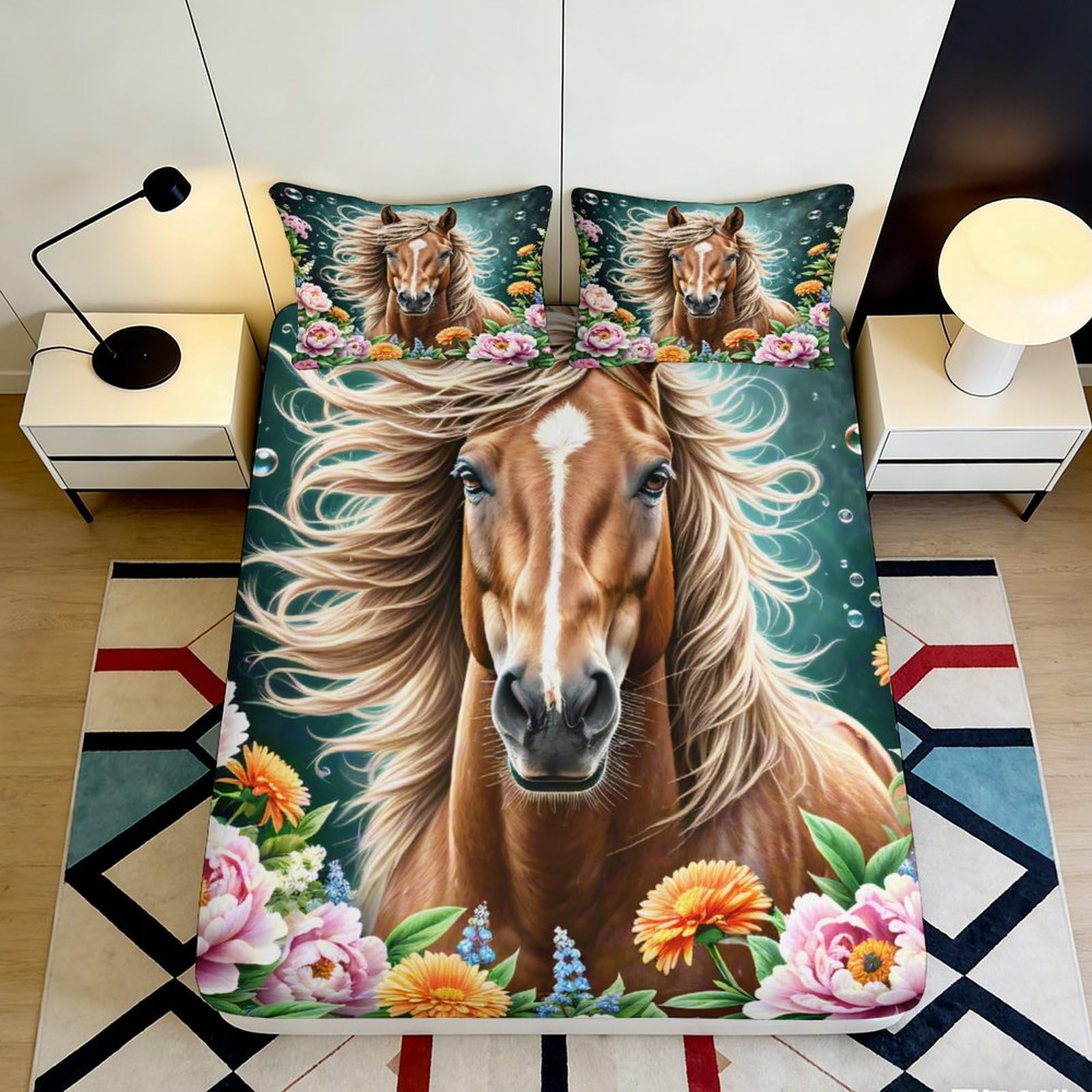3D Printed Majestic Horse Fitted Sheet Microfiber Floral Meadow Bed Cover Anti-Slip Machine Washable Bedroom Decor 120x200x25cm