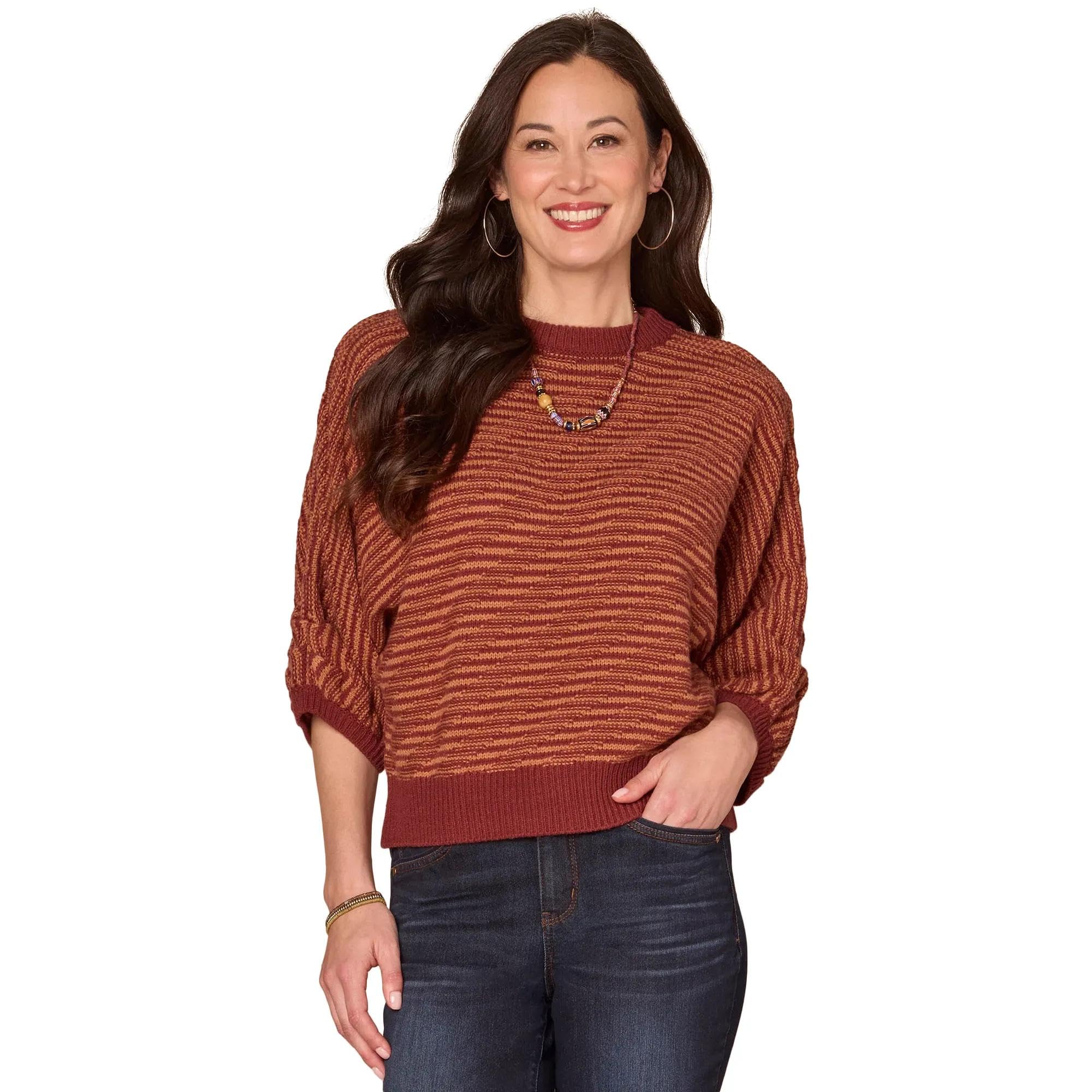 Three Quarter Dolman Sleeve Round Neck Banded Hem Bias Stitch Sweater