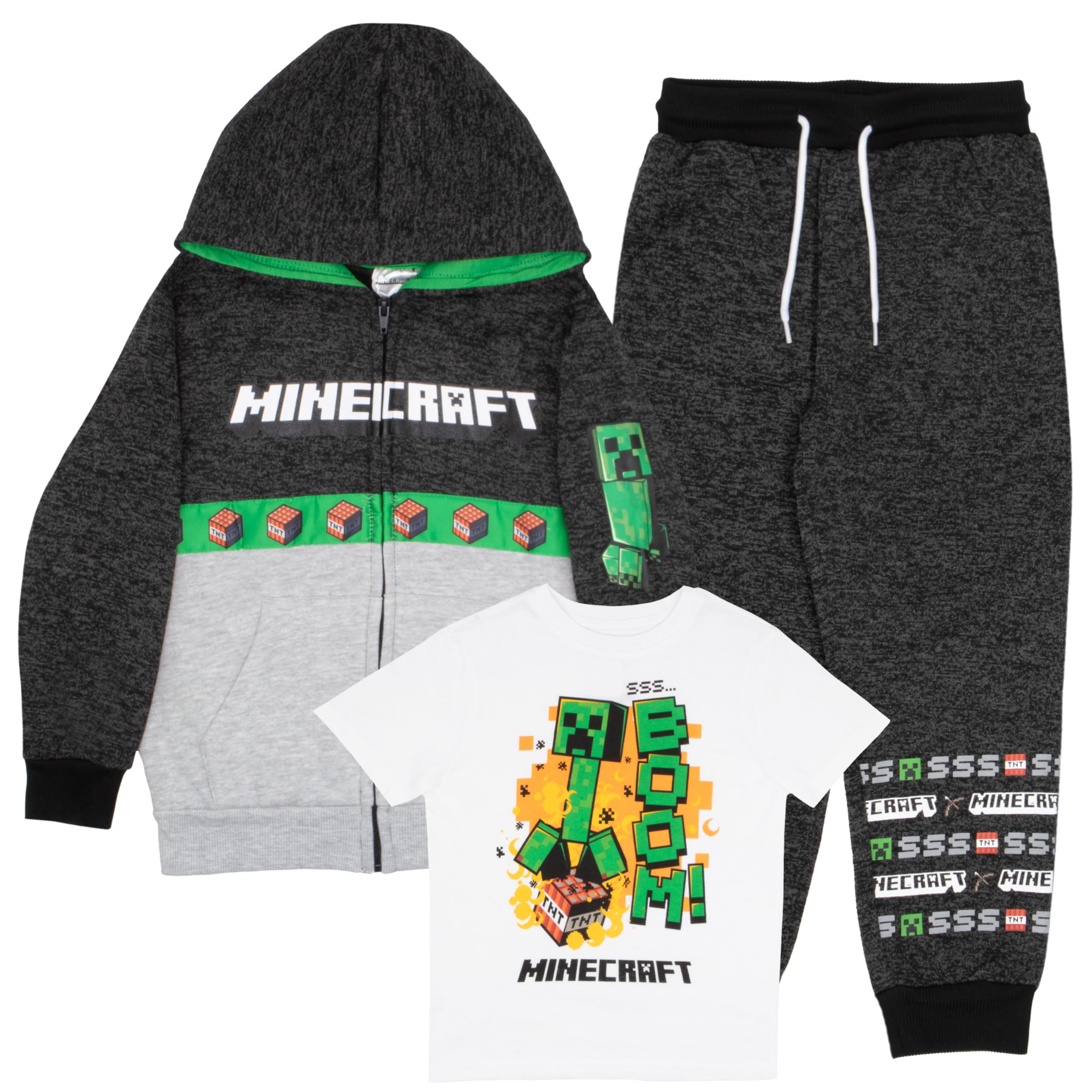 Minecraft Creeper Boys 3-Piece Bundle Set, Zip up Fashion Hoodie, Short Sleeve T-Shirt, and Jogger Sweatpants