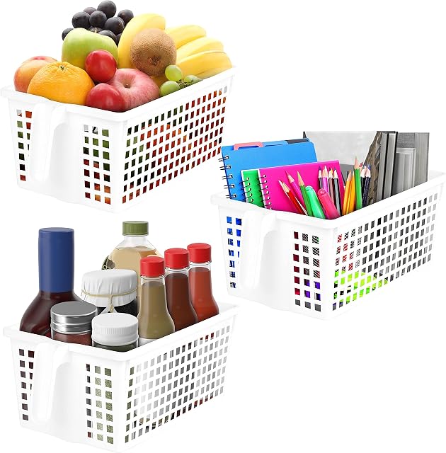 Kurtzy Kitchen Fridge & Cupboard Storage Containers with Handles (3 Pack) - 27.5cm/10.83 Inches Overall Length - White Plastic Refrigerator Tubs for Bathroom, Pantry, Drawer, Freezer and Home