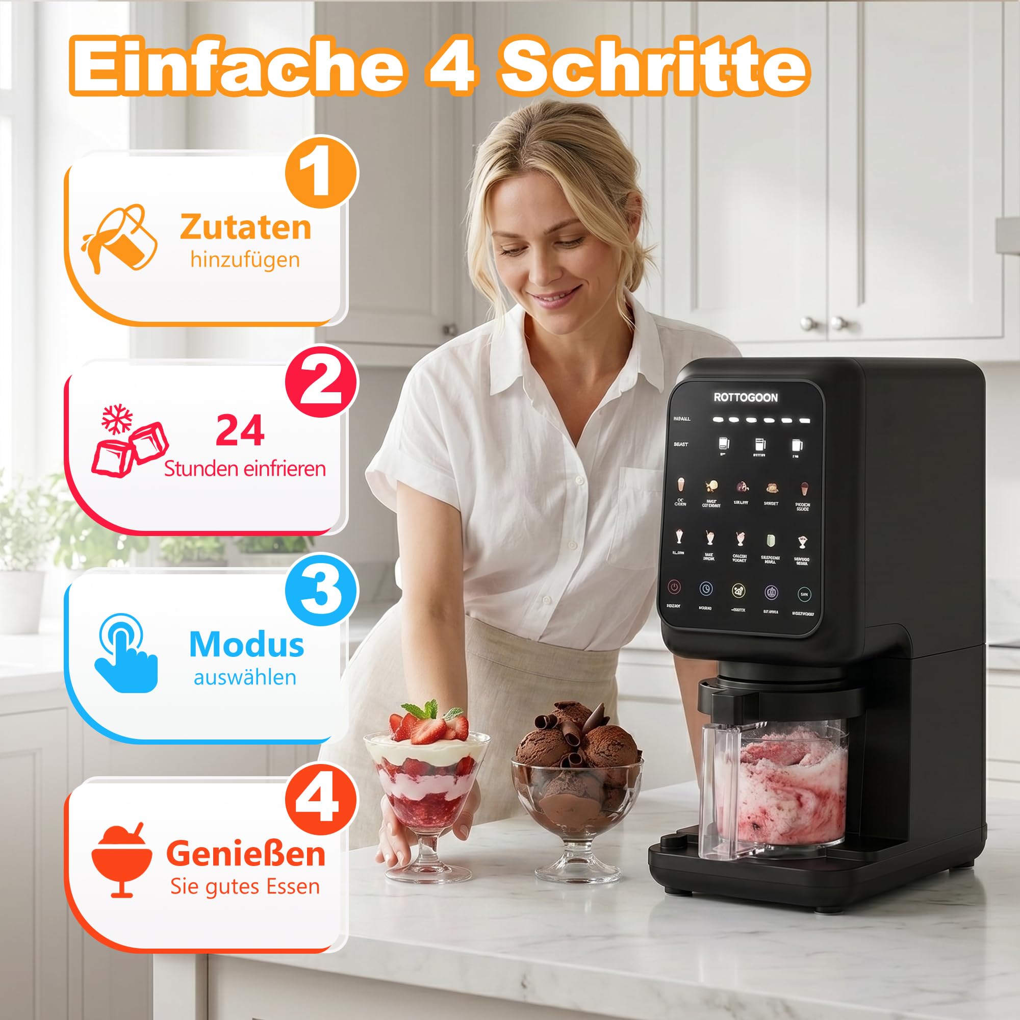 ROTTOGOON Eismaschine mit 3 Bechern 10 Programme für Eiscreme Sorbet Gelato & Frozen Yogurt 2-in-1 Geschmacksoption Softeismaschine für Zuhause mit Mix In Funktion & Automatisches Reinigungsprogramm