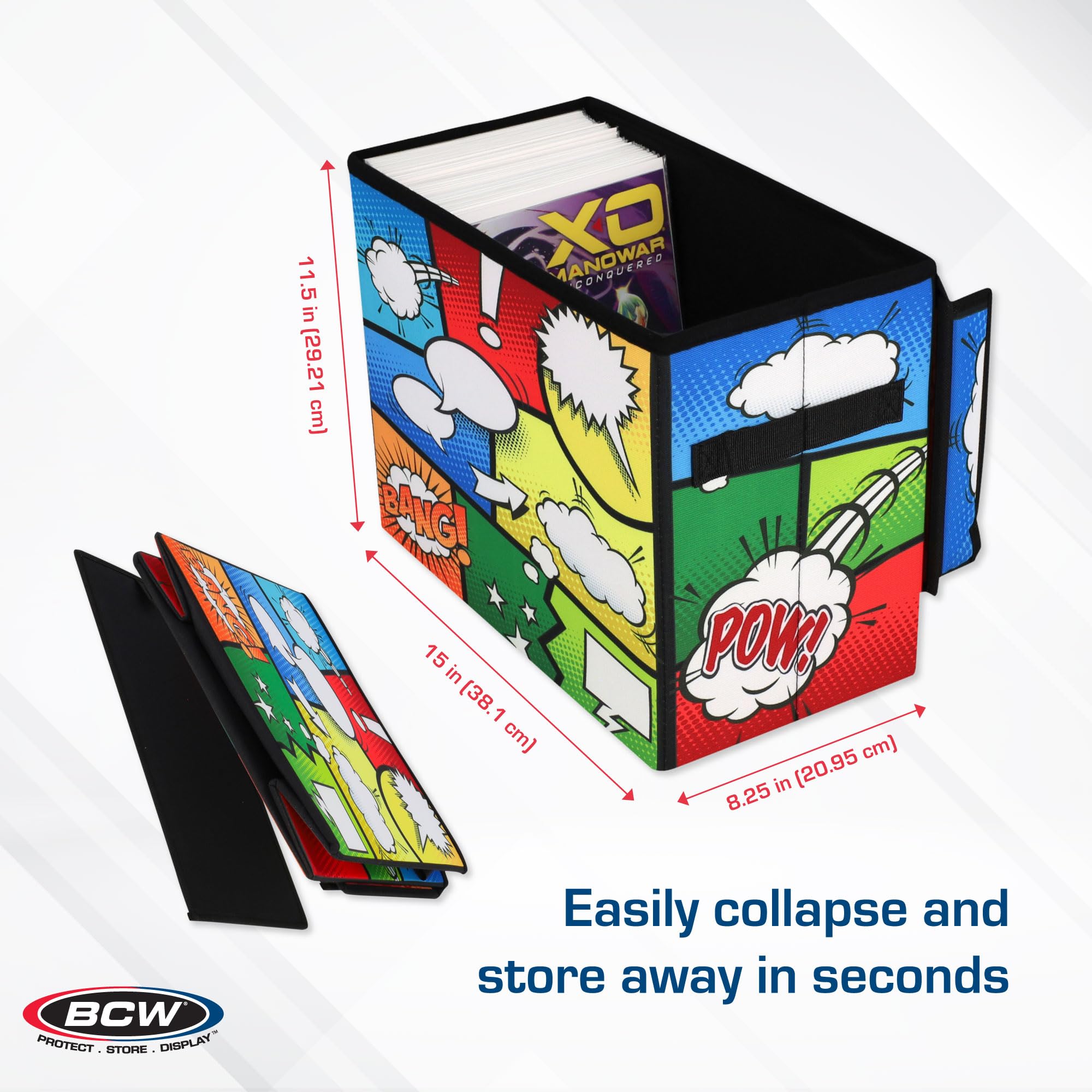 BCW Comic Foldaway | Faltbare Comicbuch-Aufbewahrungstasche für 125–150 Comic-Bücher | Faltbare Box für Comic-Bücher (Single, Pow!)