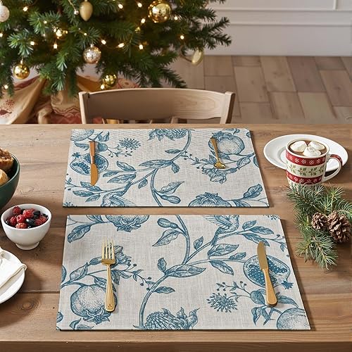 JINCHAN Juego de manteles individuales de lino con diseño floral de Navidad, rústico, estilo campestre botánico, al aire libre, para decoración de