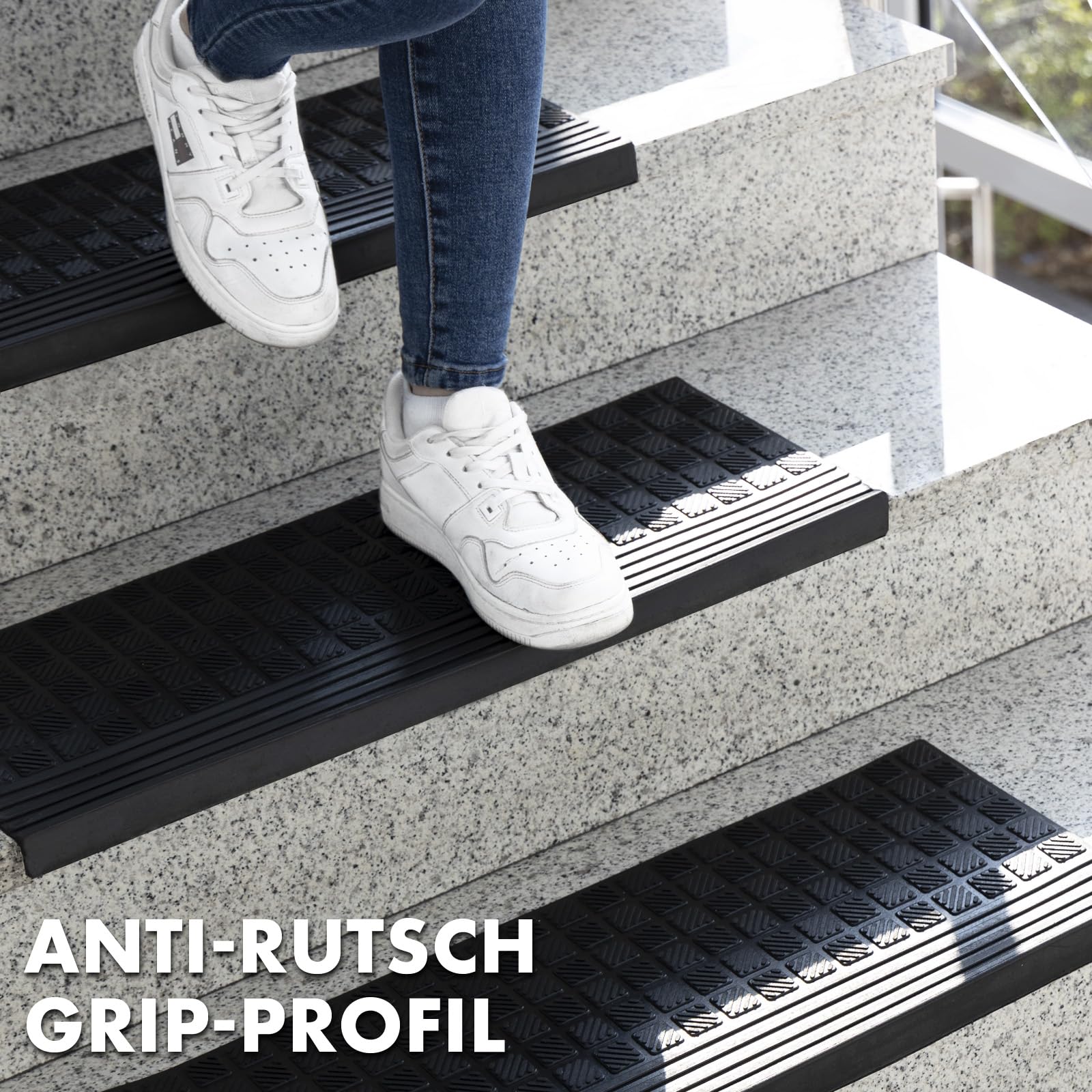 Scala trapmatten, 5 stuks, zwart, Jet-Line reliëf, antislip, rubberen mat, 25 x 75 cm, ornament, trap, buiten, antislip, rubber, tuin, terras, balkon, buitentrap
