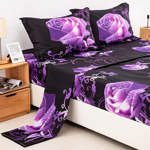 Miniatura 3 de Juego de sábanas moradas tamaño Queen, 4 piezas de sábanas de microfibra suave rosa morada con 1 sábana bajera de bolsillo profundo, 1 sábana