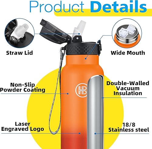 Miniatura 5 de Han's Bottle Botella de agua deportiva de 32 onzas, tapa con pajilla, a prueba de fugas, acero inoxidable aislado al vacío, doble pared, termo taza,