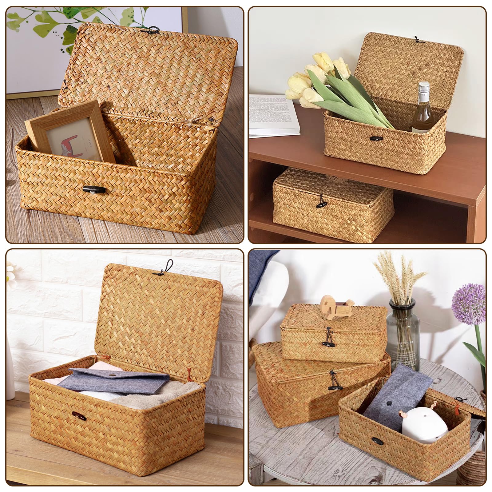 YAYODS Lot de 3 Panier en Algues Naturelles avec Couvercle - Panier de Rangement Tressé en Rotin Rectangulaire - Corbeille de Rangement Empilable pour Salle de Bain, Salon et Cuisine - Design Rustique