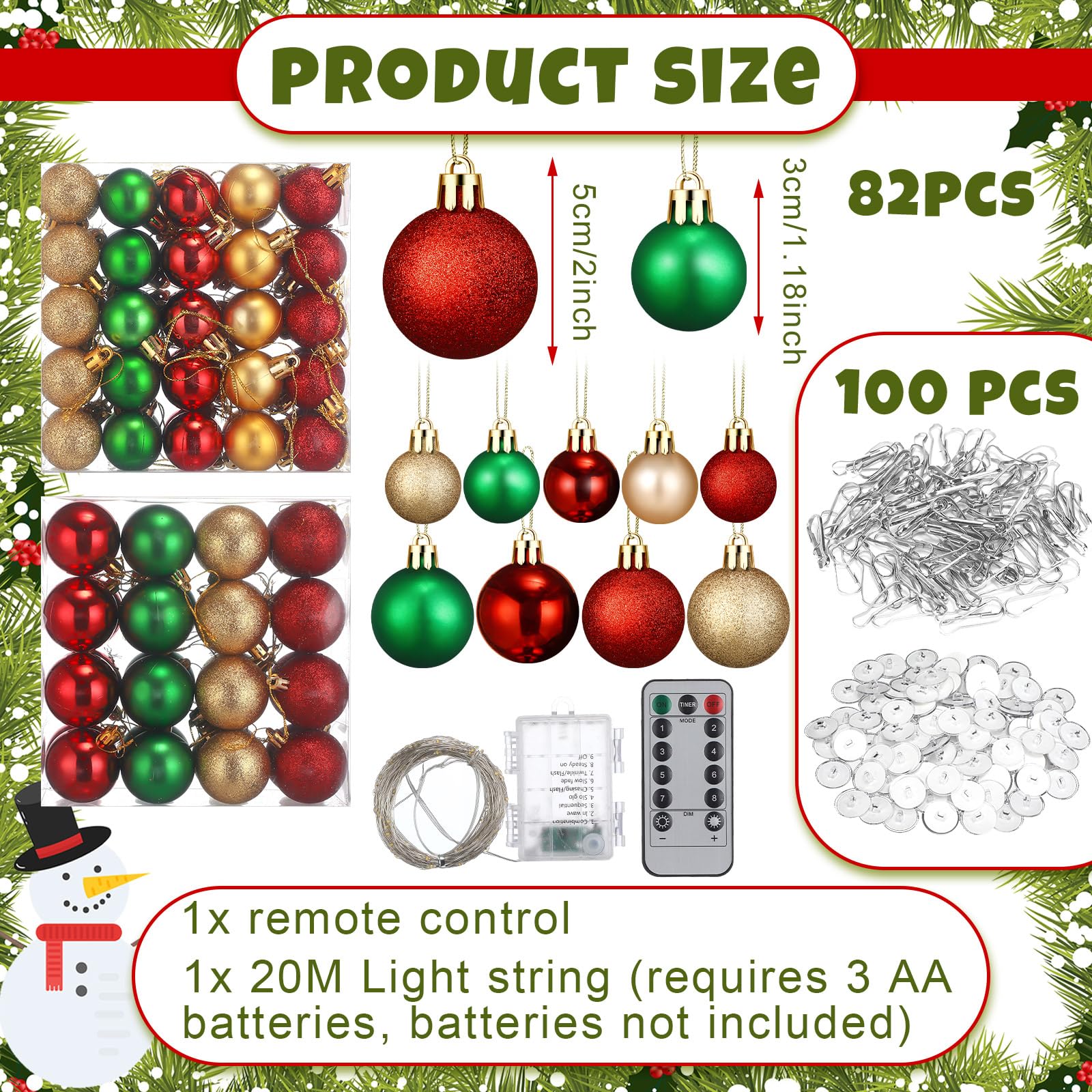 Soulchen Set di decorazioni natalizie per corridoio e soffitto, con 82 ornamenti a sfera di Natale, 100 ganci adesivi da soffitto da 19,8 m, luci a LED, decorazione natalizia per corridoi, per interni
