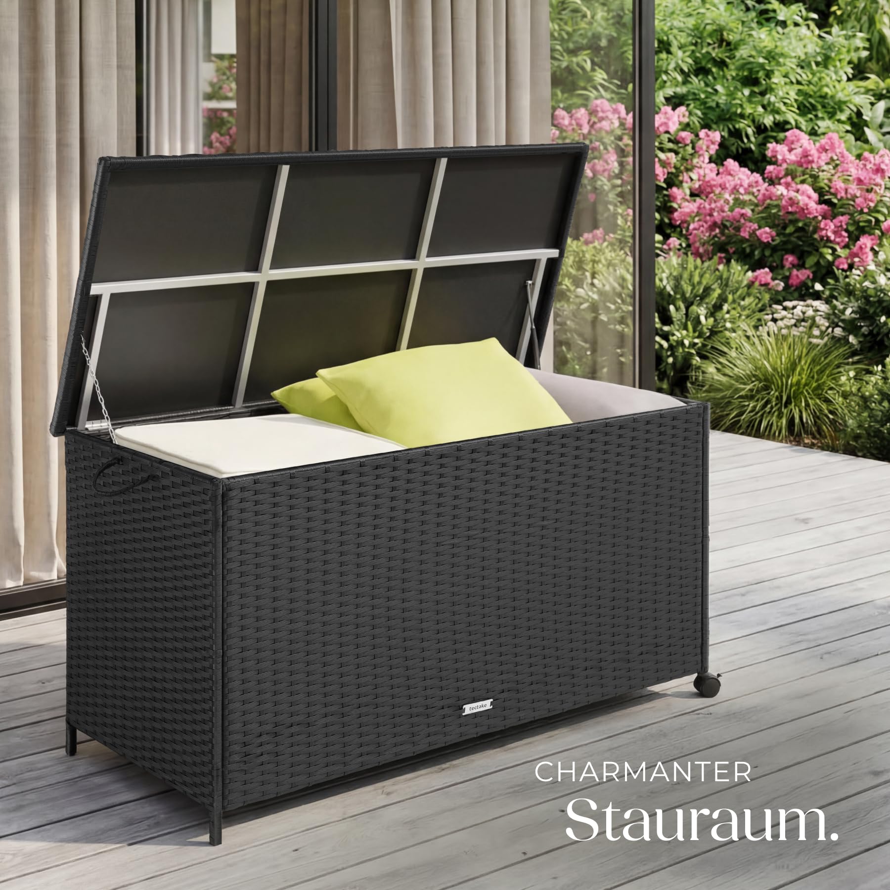 tectake® Auflagenbox 253 l, 116 x 54 x 64 cm, 2 drehbare Rollen mit Feststellbremse, Polyrattan mit Aluminiumrahmen, Kissenbox, Auflagenbehälter, Gartenbox, Sitzkissen Box, Polsterbox - schwarz
