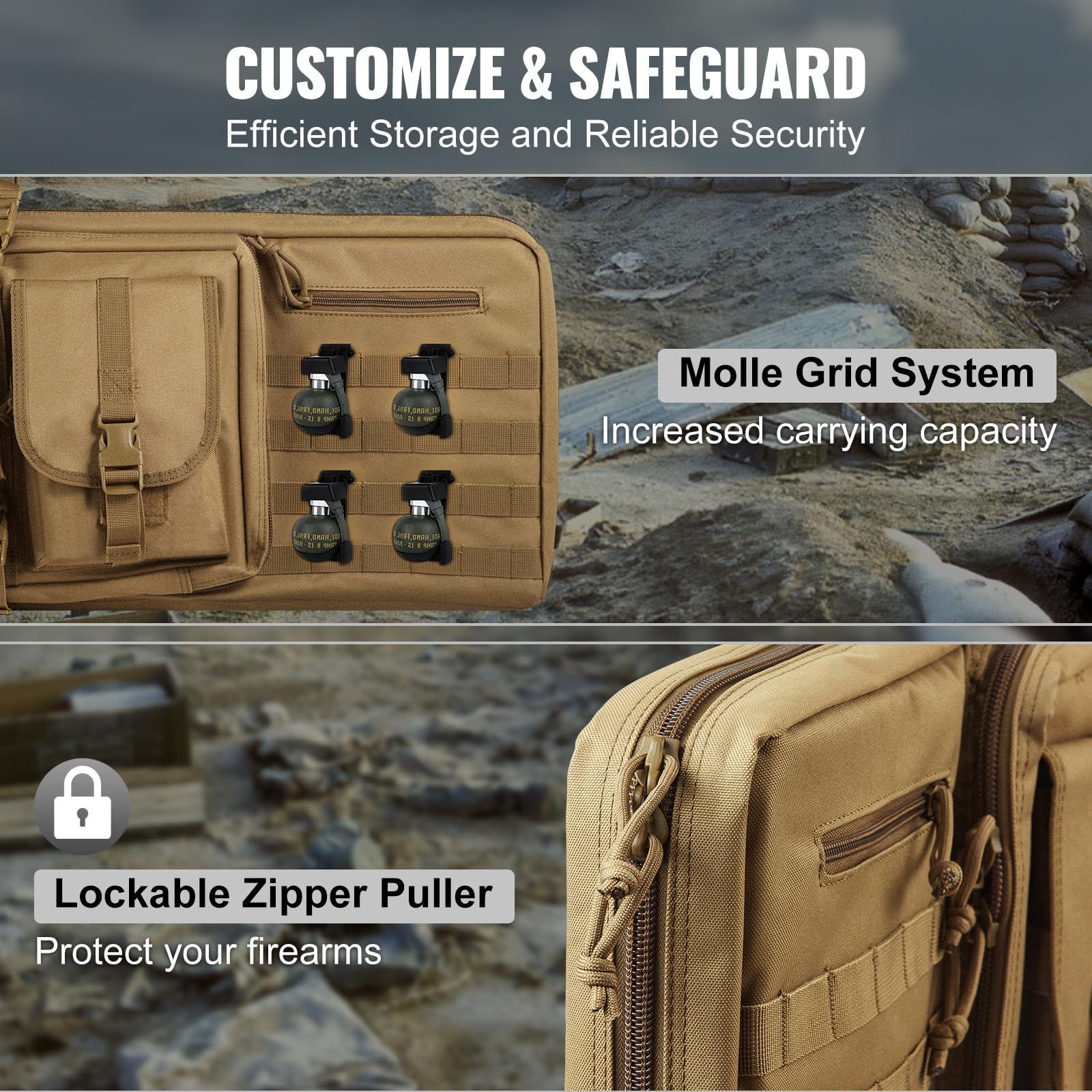 VEVOR Estuche para Rifle Bolsa Táctica Larga para Transporte de Armas 107cm con Sistema MOLLE Funda para Rifle con Correa para Hombro Cremallera con Cerradura para 2 Rifles 102cm y 2 Pistolas, Marrón