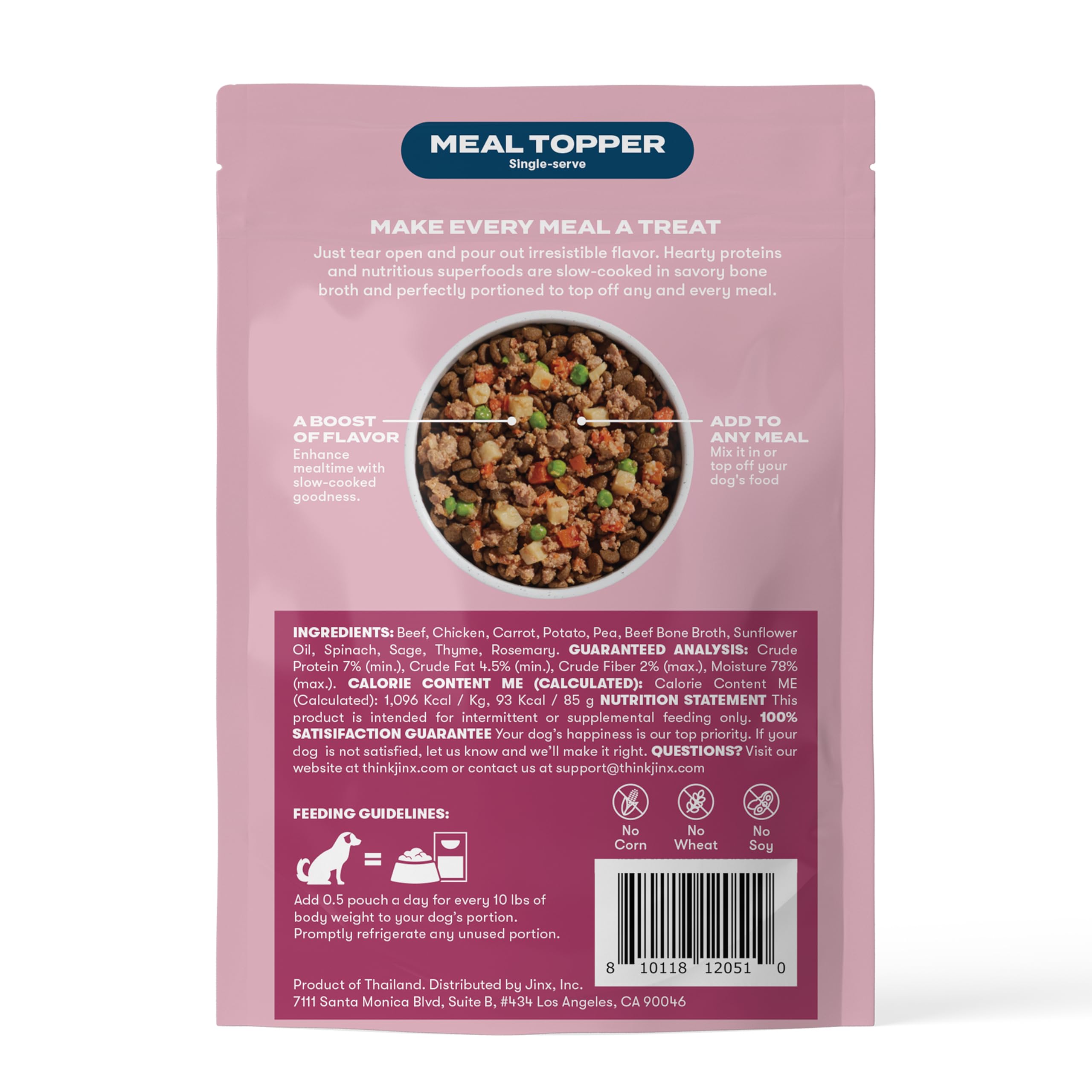 Jinx Beef Grain-Free Wet Dog Food Topper, No Fillers, Small & Large Breed Puppy & Senior Dogs, 3-oz Pouches, case of 8 Count