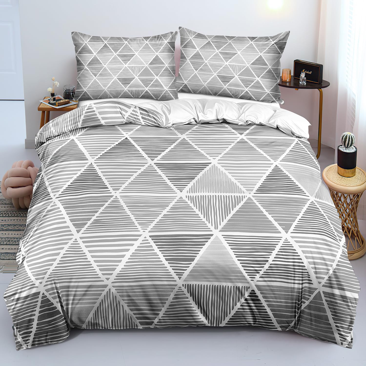 Housse de couette moderne à rayures géométriques et patchwork de losanges gris pour lit 1 place