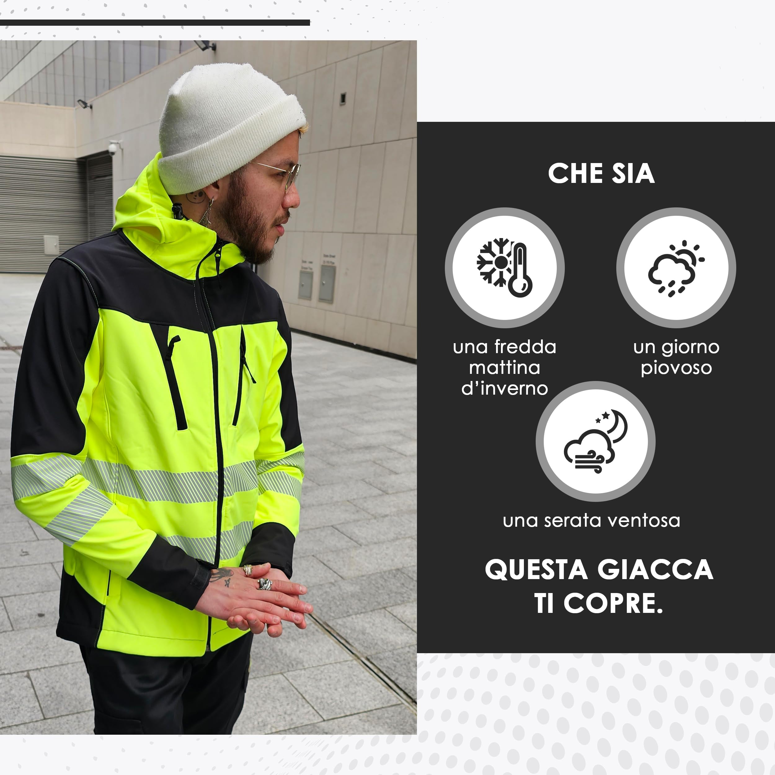 Giacca da lavoro da uomo ad alta visibilità, ad alta visibilità, ad alta visibilità, ad alta visibilità, con cappuccio, cappotto di sicurezza altamente visibile, giacca softshell, antivento,