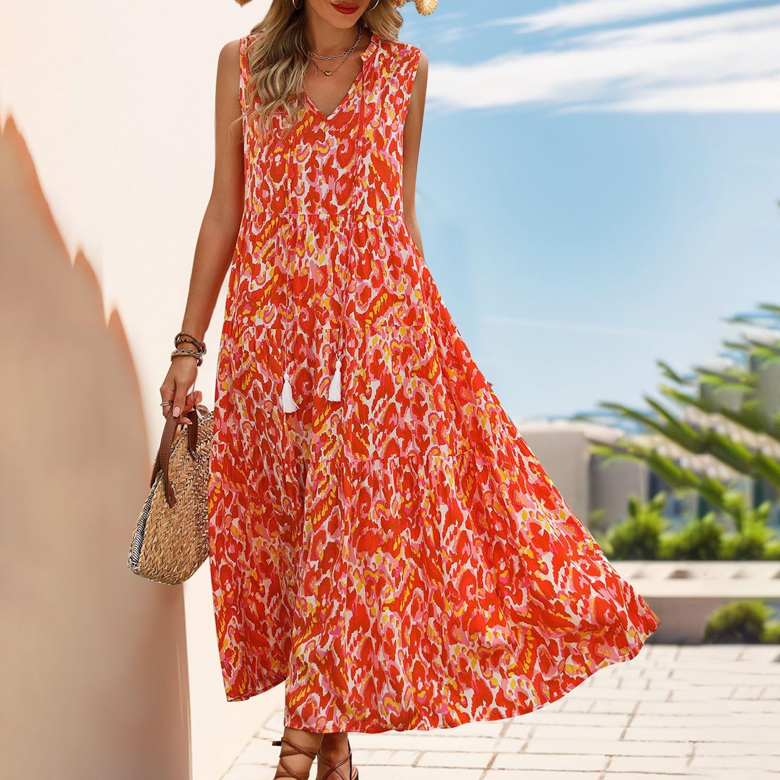 Generisch Abito estivo fluente da donna taglie forti con scollo a V, dettagli leganti e frange per abbigliamento casual da festa in vacanza con orlo increspato