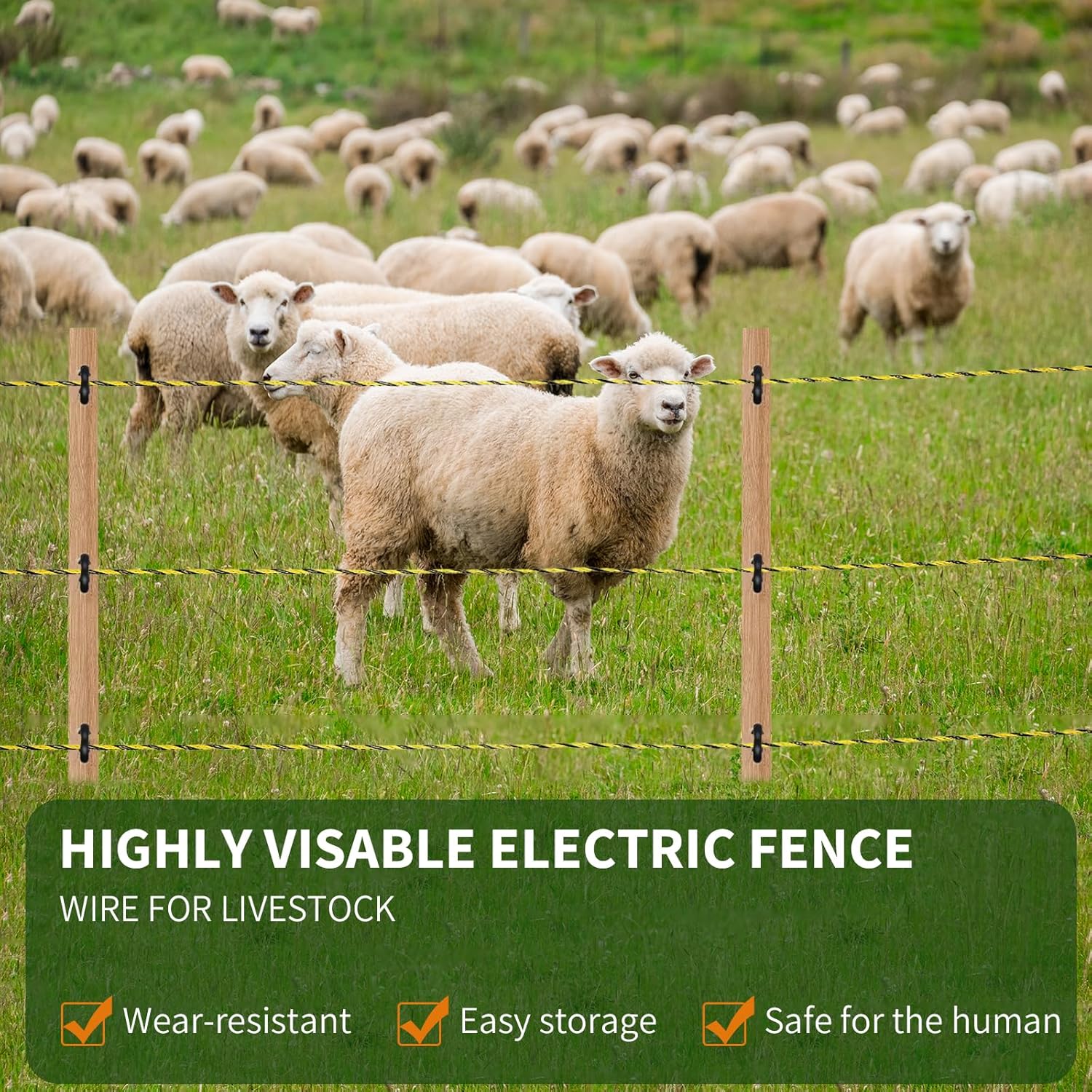 5413 Feet Electric Fence Wire, 9 Stainless Steel Strands and 30 Polywire for Portable Livestock Fencing, with Reliable Conductivity and Rust Resistance, UV Resistant, 1650 Meters 1/8" Diameter